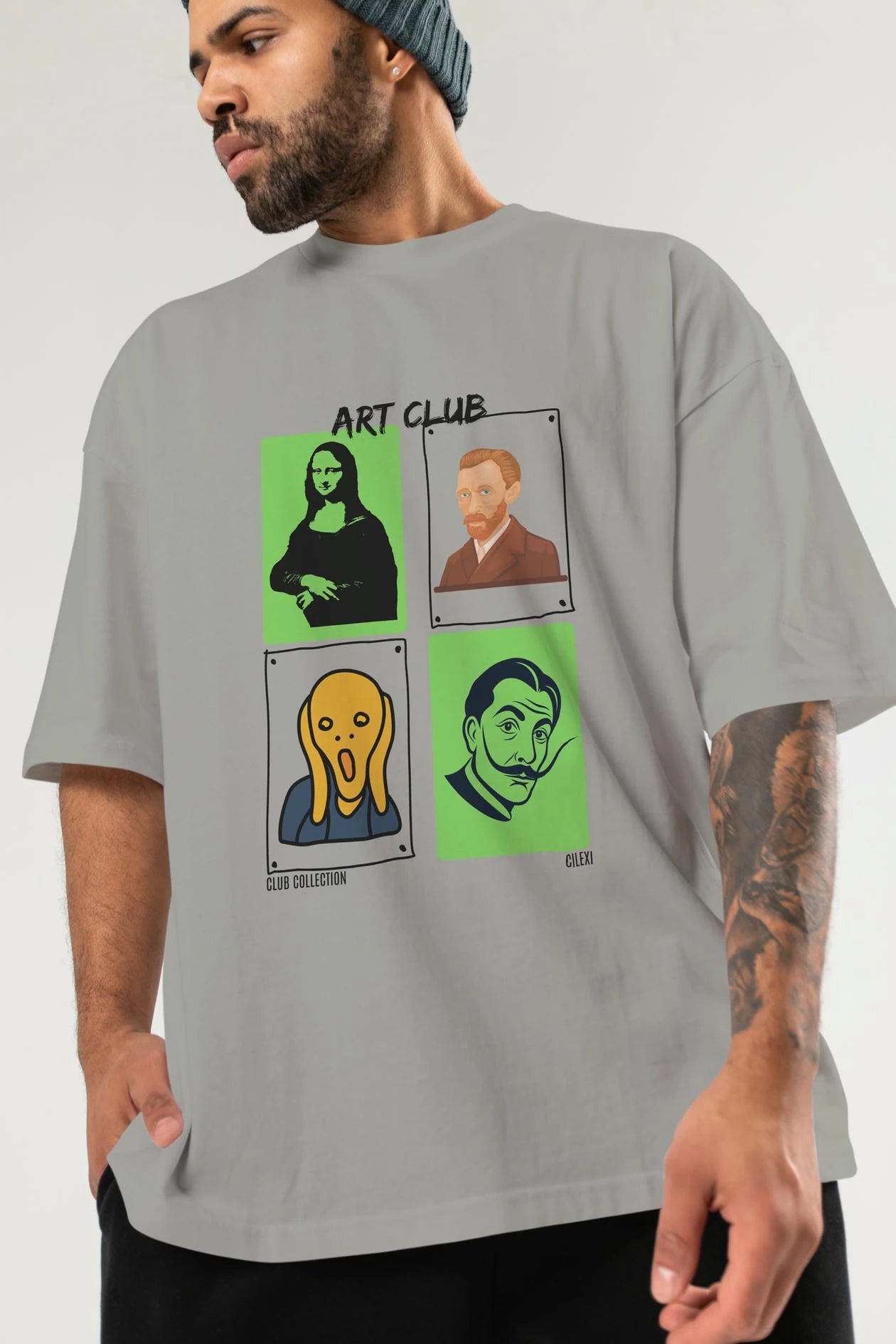 Art Club ön Baskılı Oversize t-shirt Erkek Kadın %100 Pamuk Bisiklet Yaka tişort