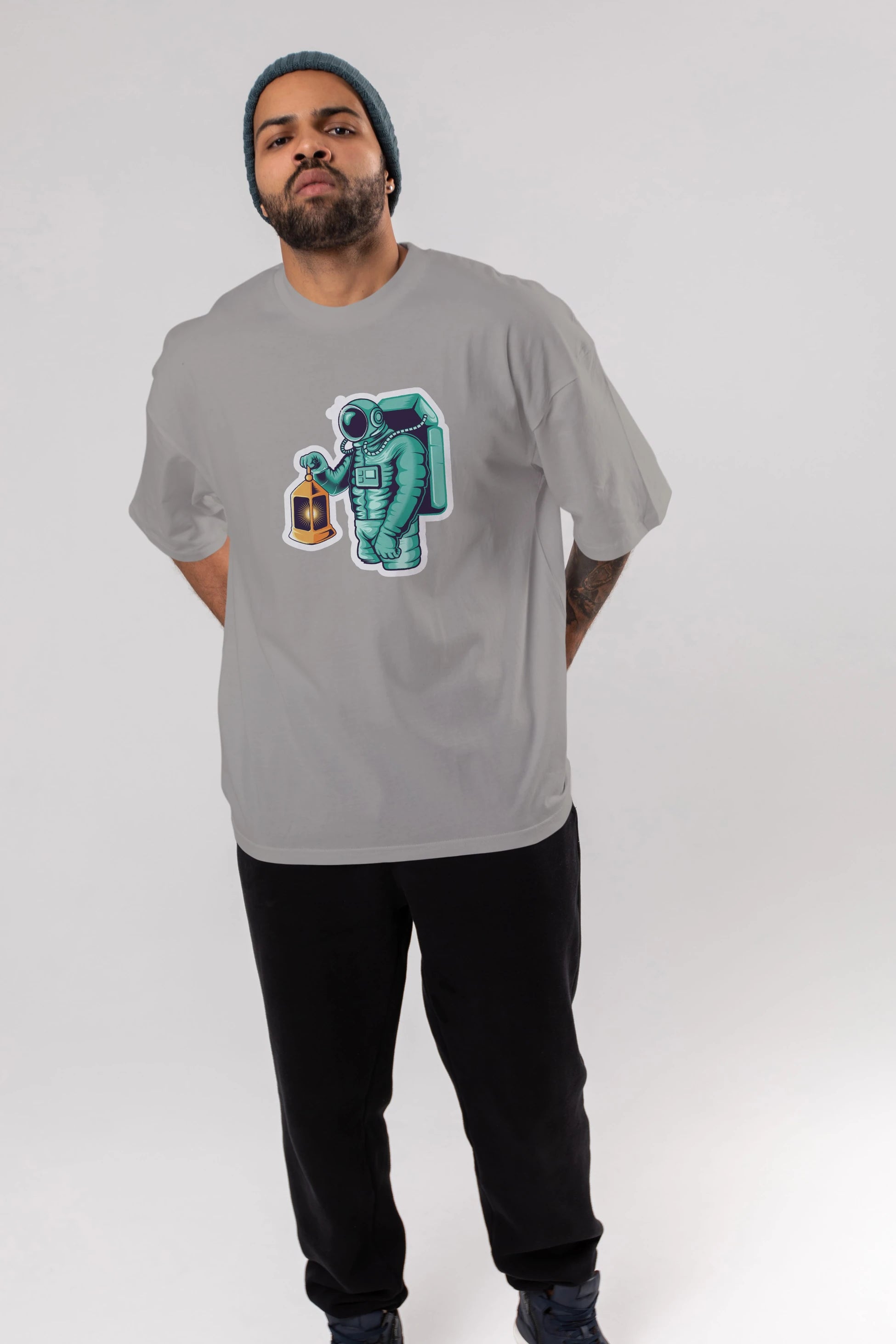 Astronaut Lantern Sticker Ön Baskılı Oversize t-shirt Erkek Kadın Unisex
