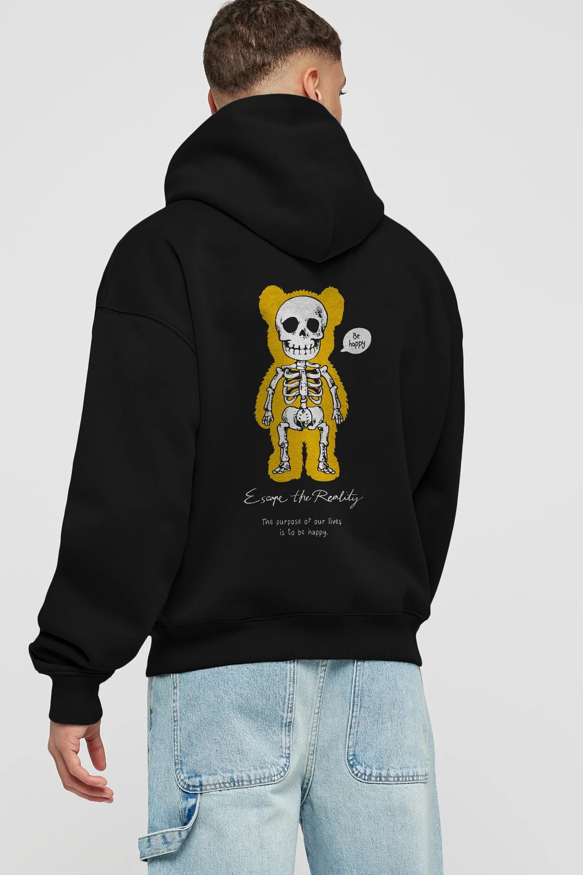 Be Happy Bear Arka Baskılı Hoodie Oversize Kapüşonlu Sweatshirt Erkek Kadın Unisex
