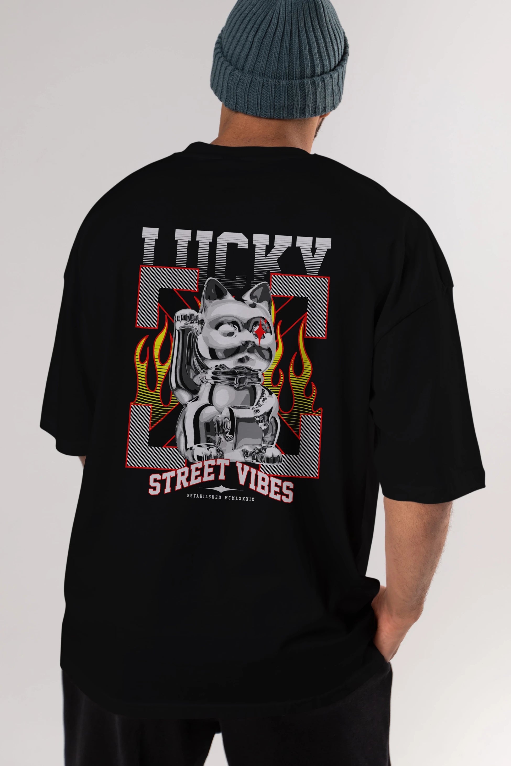 Lucky Street Vibes Arka Baskılı Oversize t-shirt Erkek Kadın Unisex
