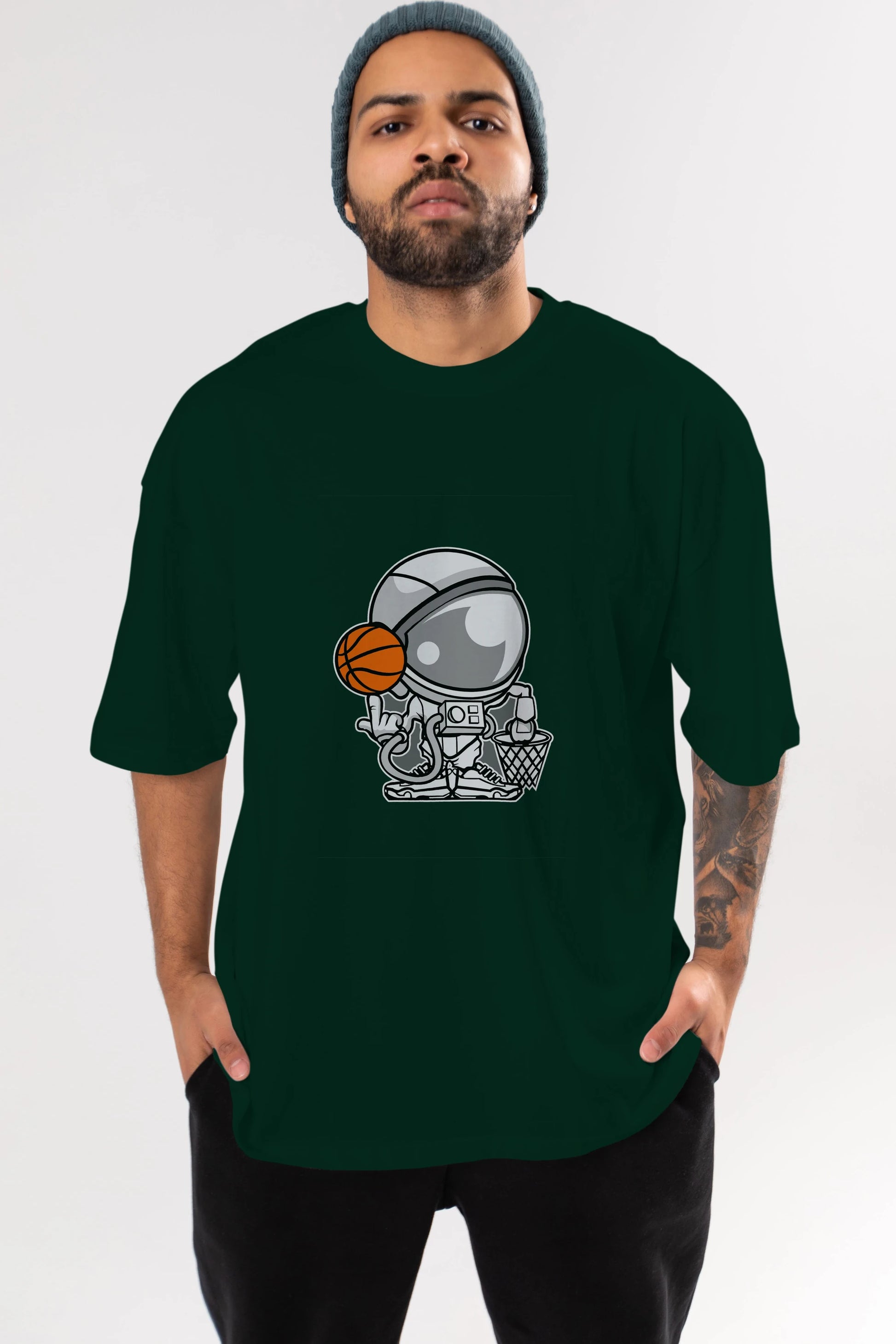 Astronaut Basketball Ön Baskılı Oversize t-shirt Erkek Kadın Unisex %100 Pamuk tişort