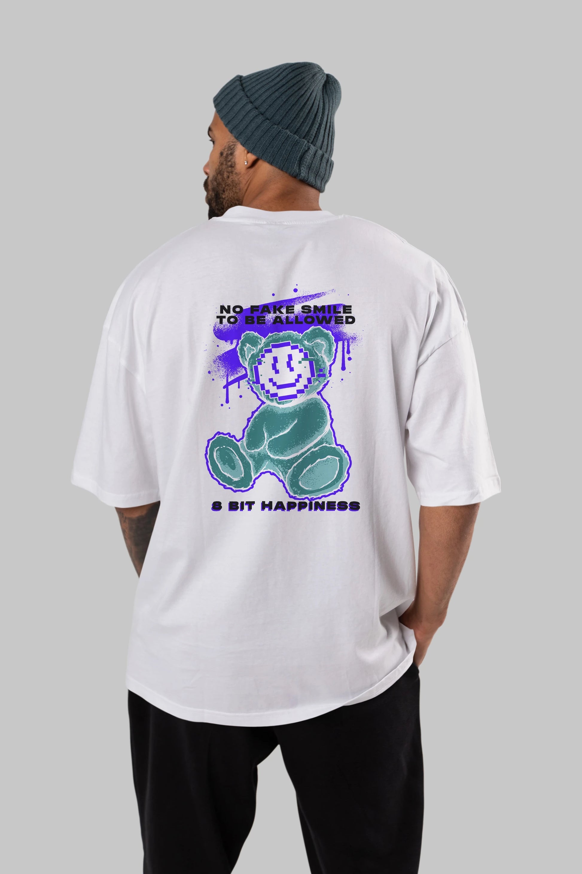 No Fake Smile Bear Arka Baskılı Oversize t-shirt Erkek Kadın Unisex