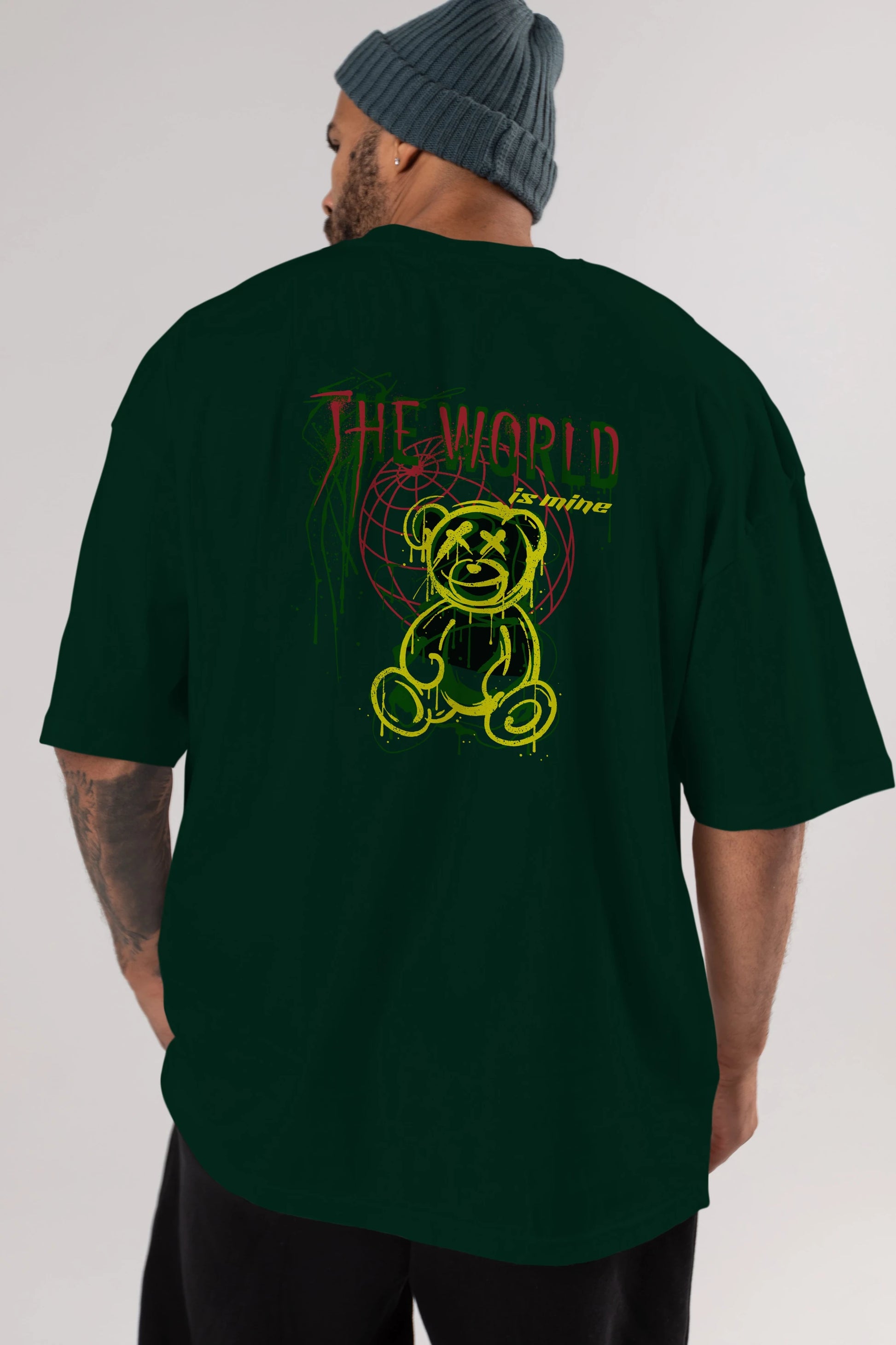 The World is Mine Bear Arka Baskılı Oversize t-shirt Erkek Kadın Unisex