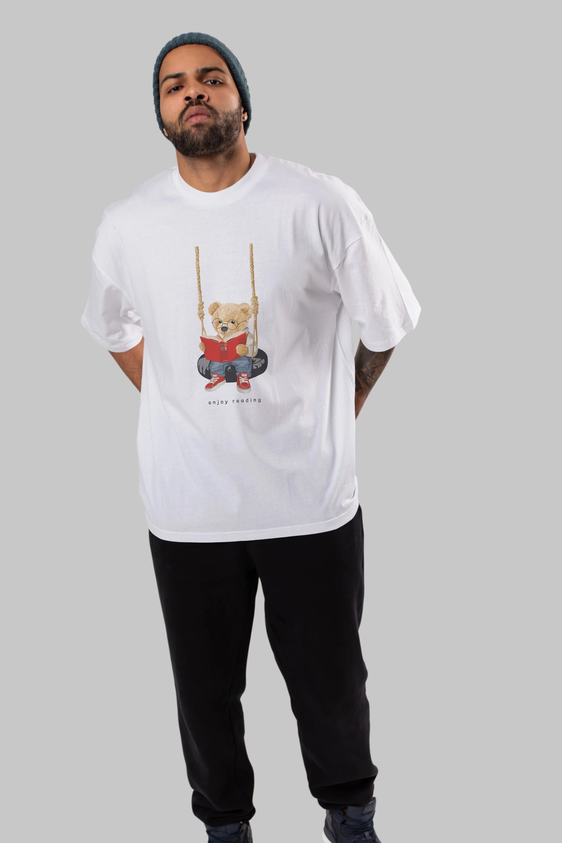 Teddy Bear Enjoy Reading Ön Baskılı Oversize t-shirt Erkek Kadın Unisex %100 Pamuk
