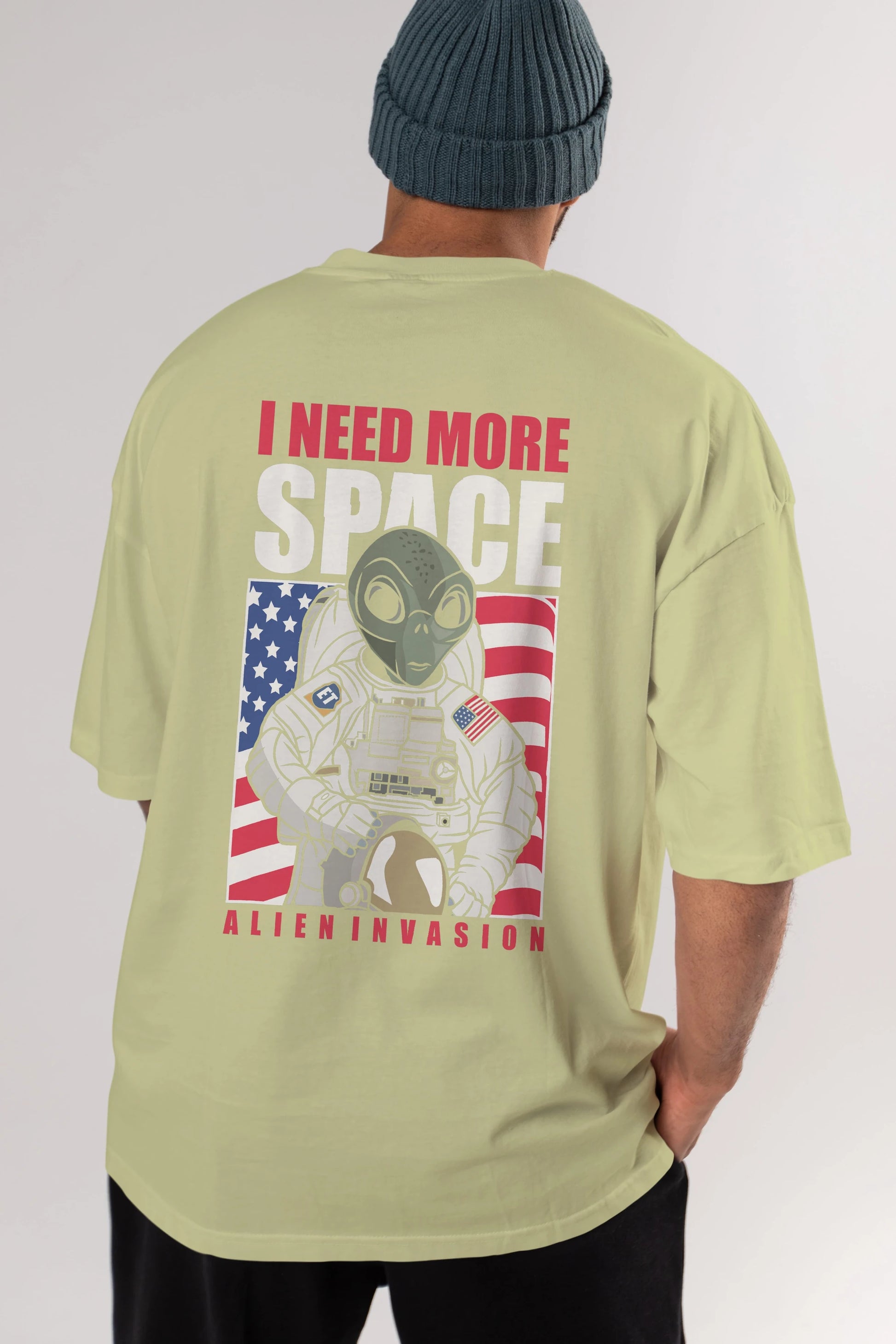 Alien Astronaut Arka Baskılı Oversize t-shirt Erkek Kadın Unisex %100 Pamuk tişort