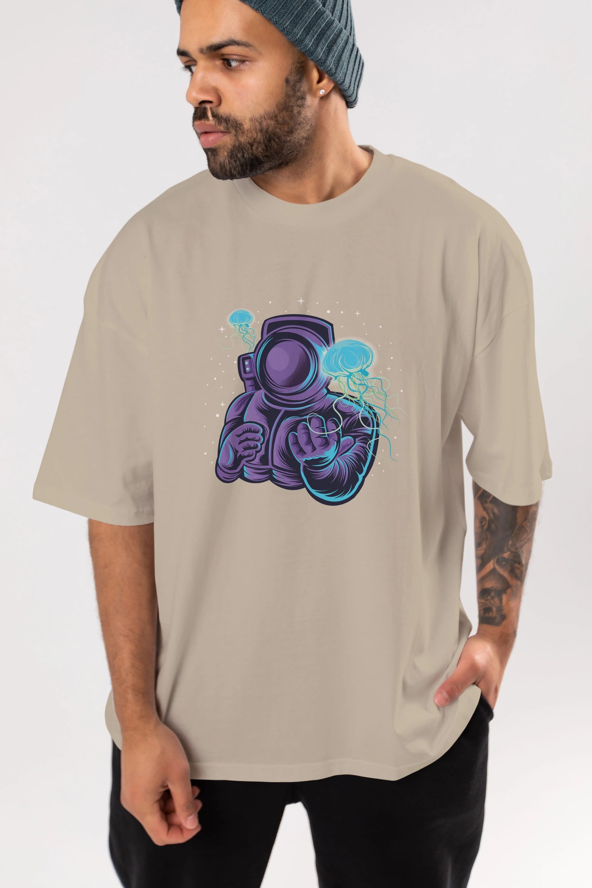Astronaut and Jellyfish Ön Baskılı Oversize t-shirt Erkek Kadın Unisex