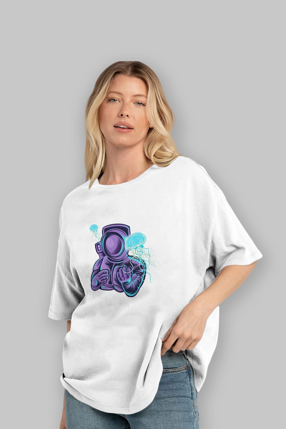 Astronaut and Jellyfish Ön Baskılı Oversize t-shirt Erkek Kadın Unisex