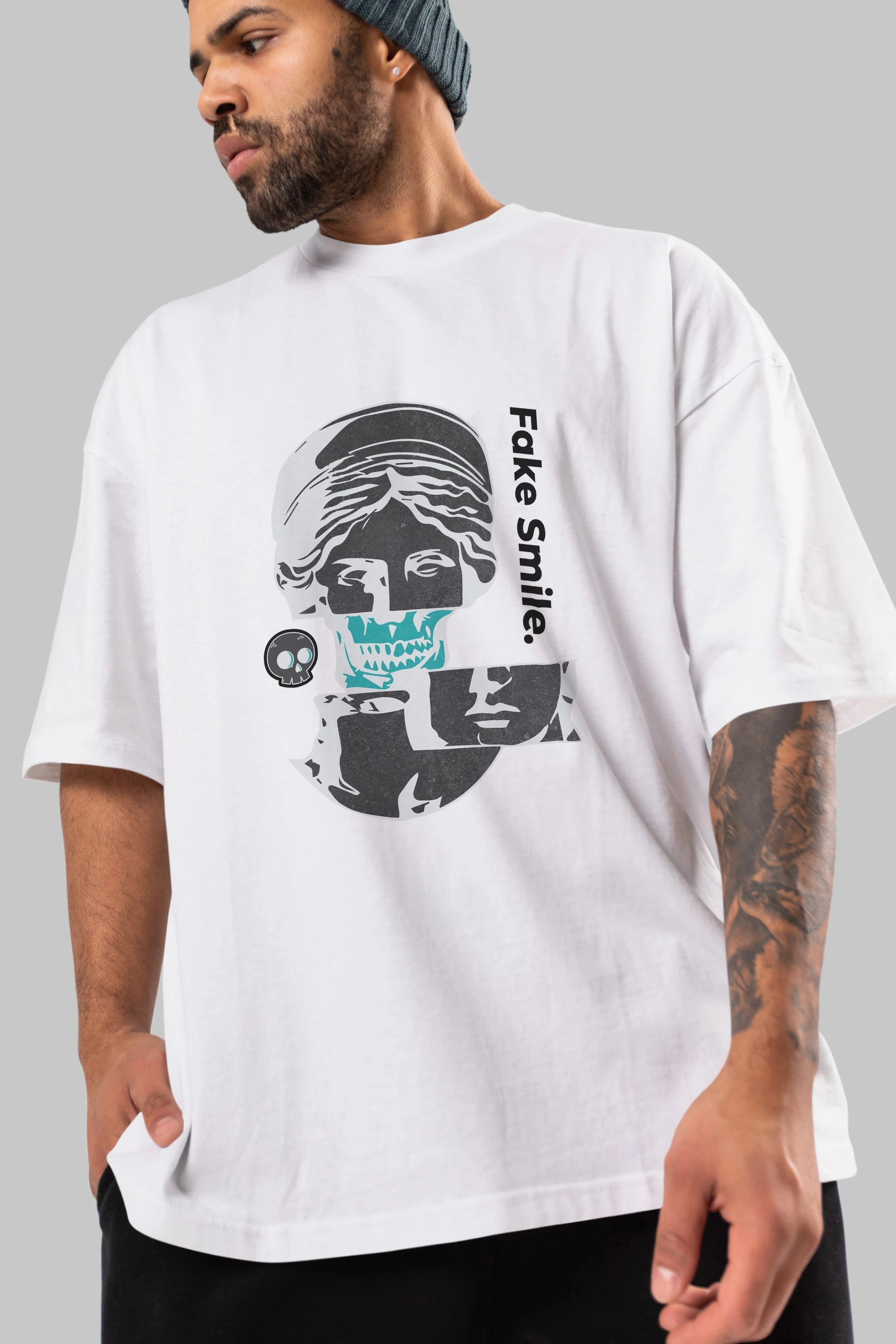 Fake Smile Yazılı Ön Baskılı Oversize t-shirt Erkek Kadın Unisex