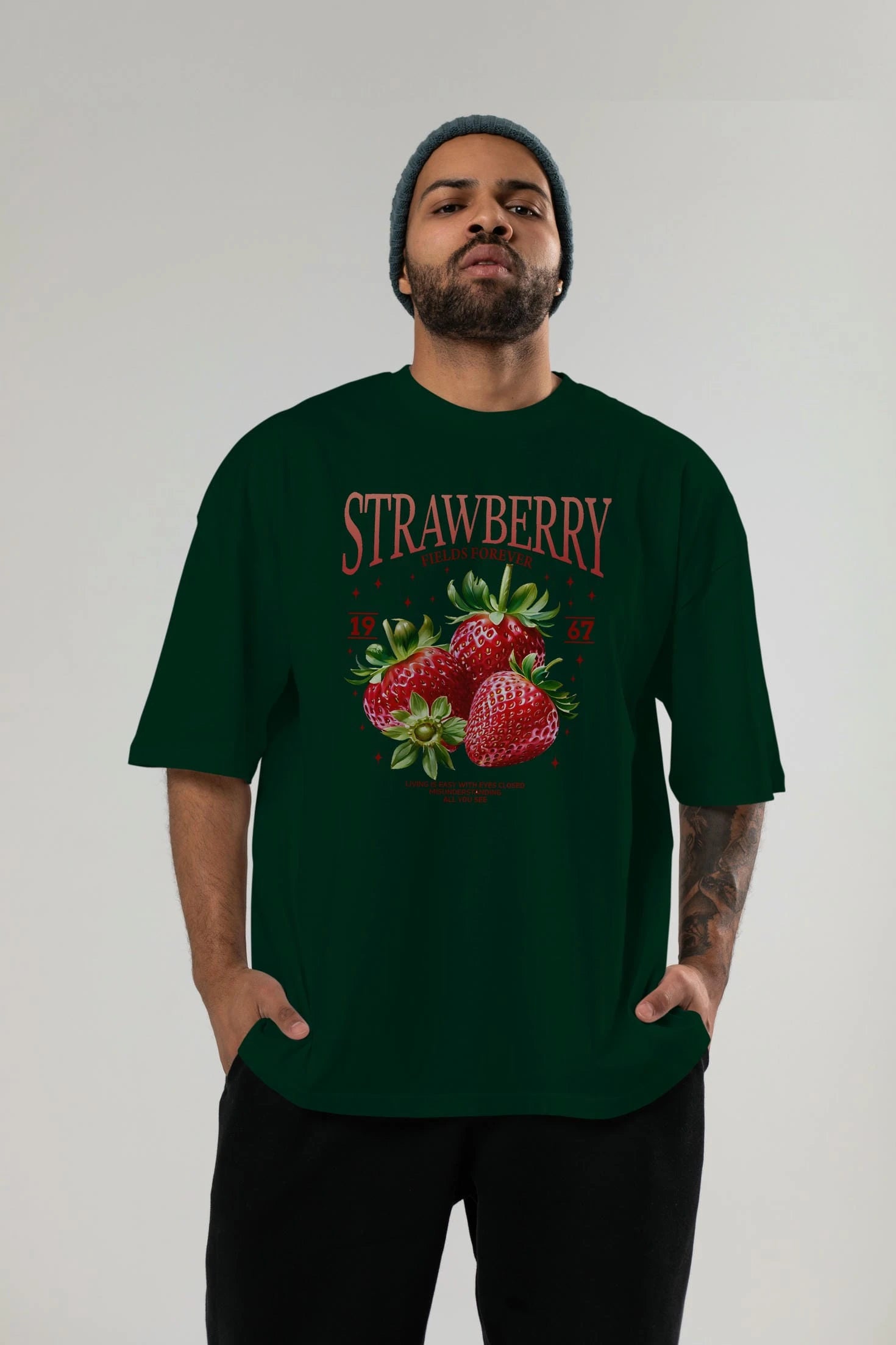 Strawberry Ön Baskılı Oversize t-shirt Erkek Kadın Pamuk Bisiklet Yaka tişort