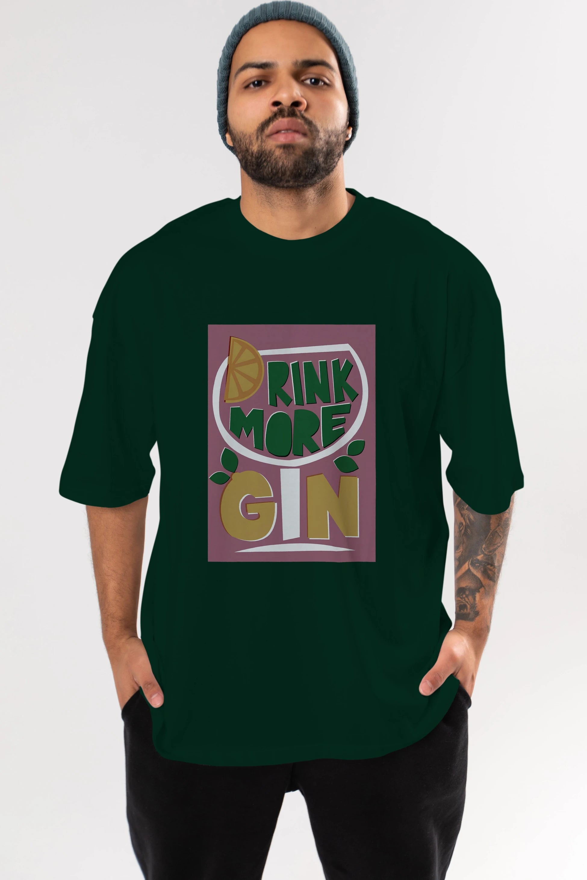 Drink More Gin Ön Baskılı Oversize t-shirt Erkek Kadın Unisex %100 Pamuk Bisiklet Yaka tişort