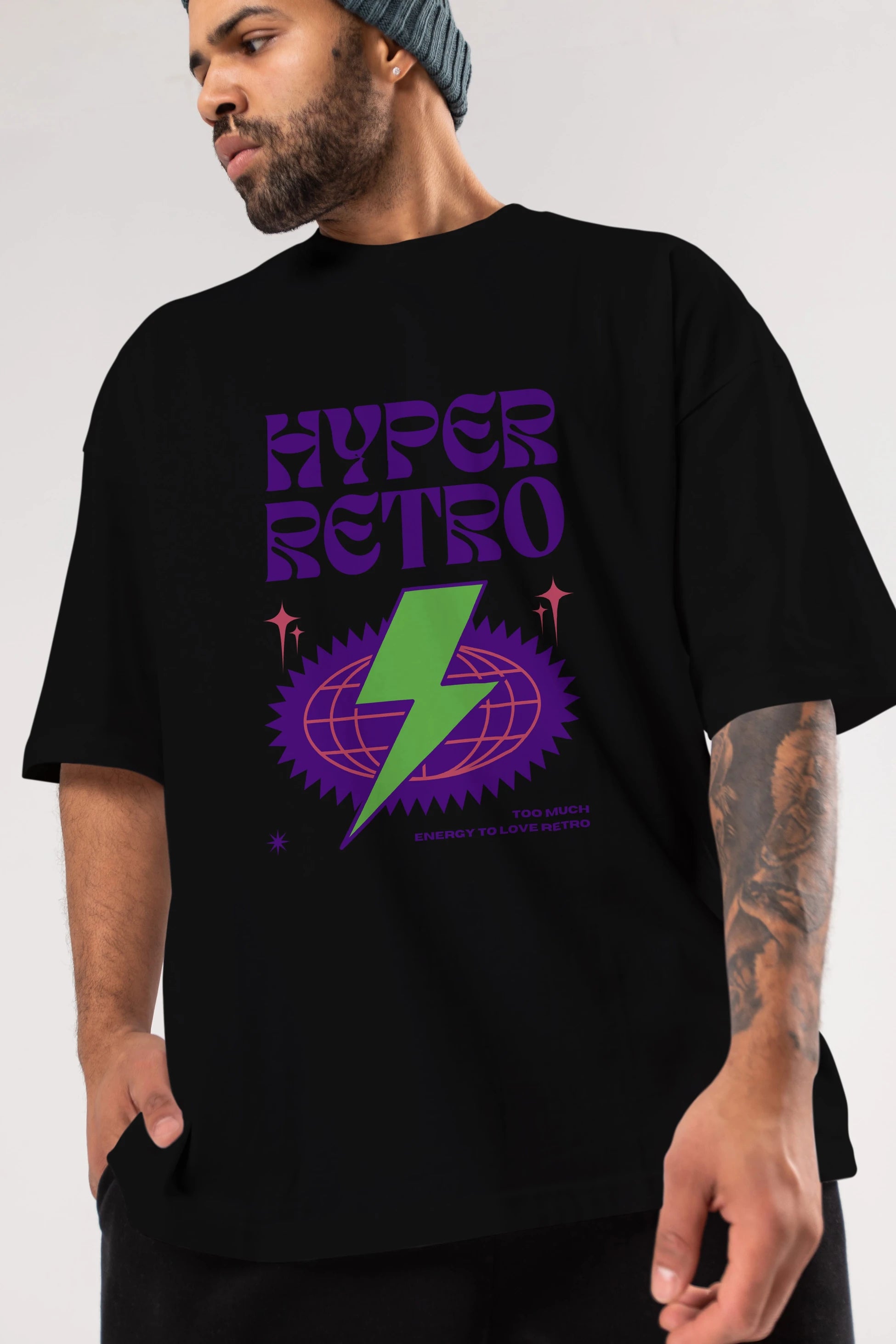Hyper Retro Yazılı Ön Baskılı Oversize t-shirt Erkek Kadın Unisex