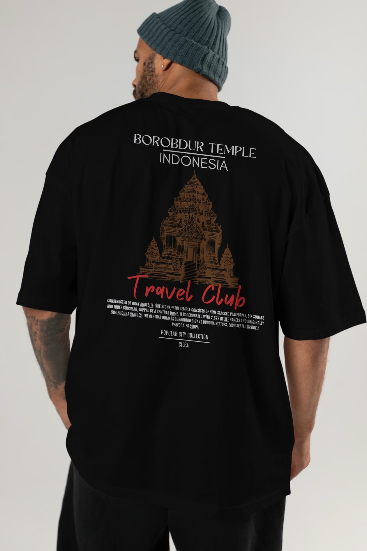 Borobdur Temple İndonesia Arka Baskılı Oversize t-shirt Erkek Kadın Pamuk Bisiklet Yaka tişort