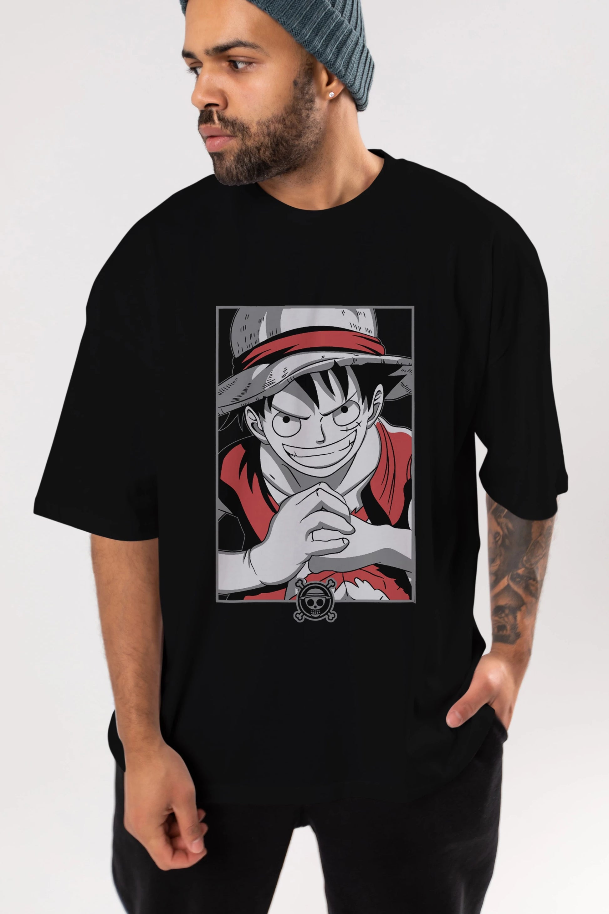 LUFF D. MONKEY OnePiece Anime Ön Baskılı Oversize t-shirt %100 pamuk Erkek Kadın Unisex