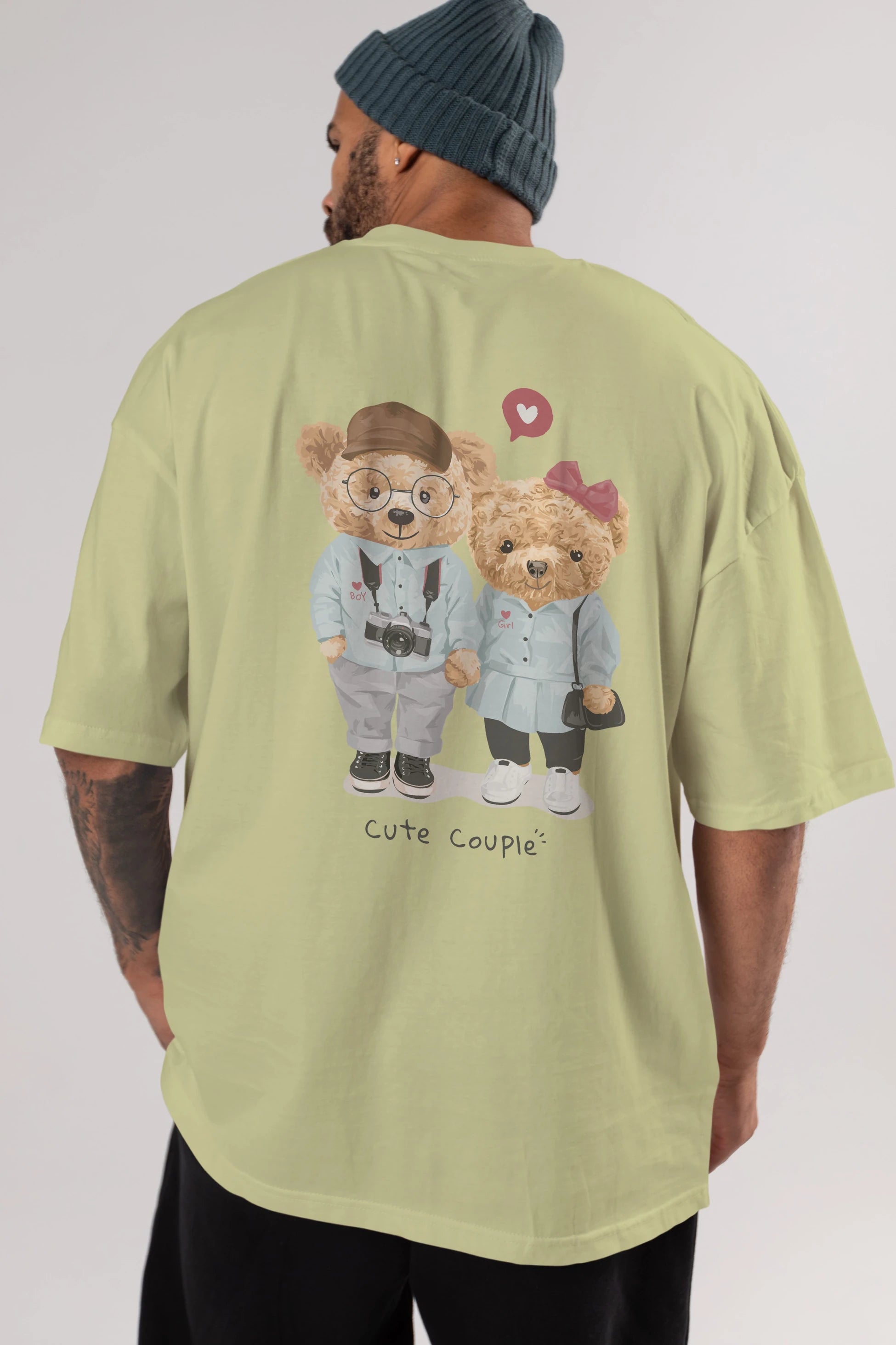 Teddy Bear Cute Couple Arka Baskılı Oversize t-shirt Erkek Kadın Unisex %100 Pamuk
