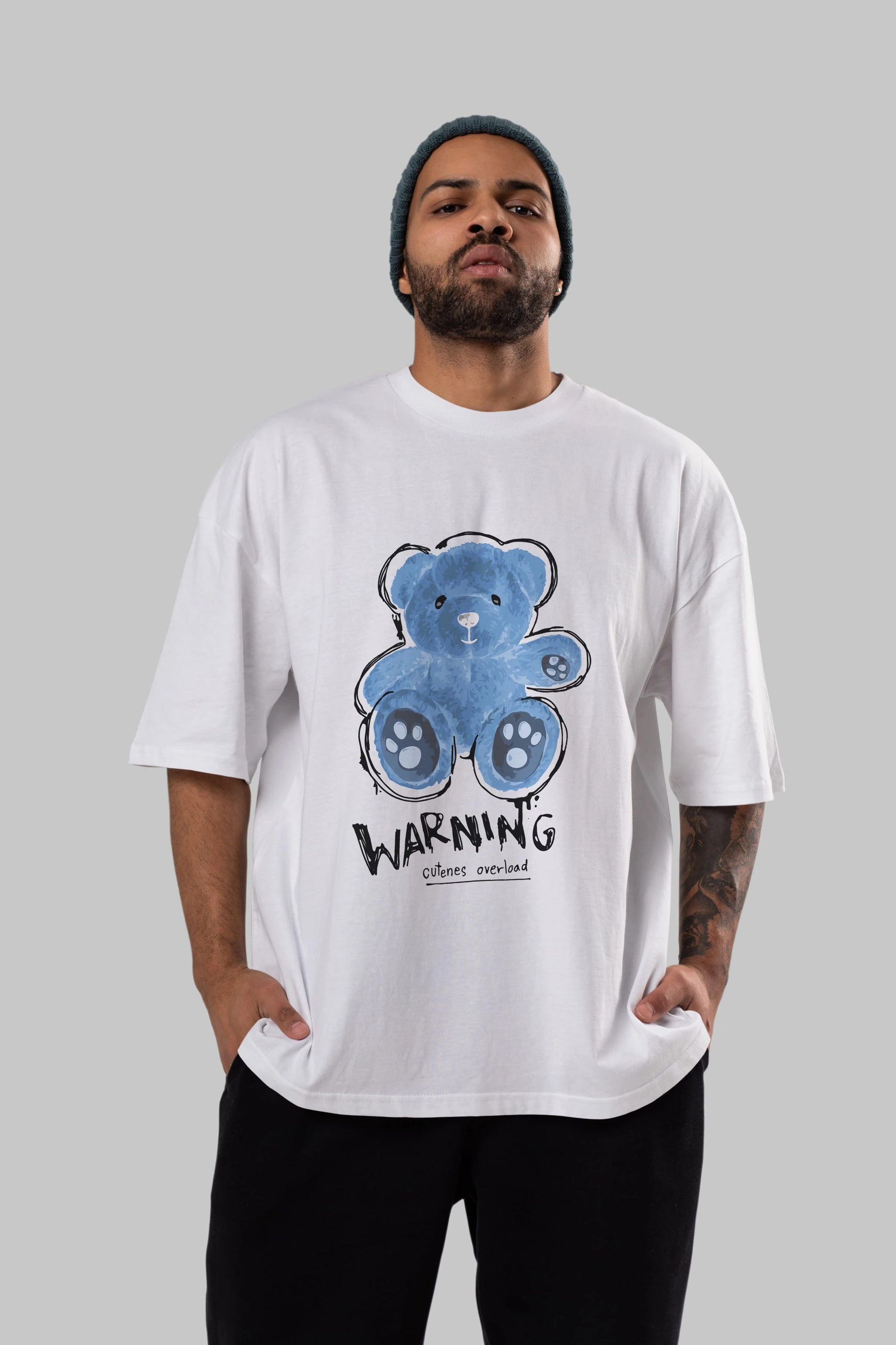 Warning Cuteness Bear Ön Baskılı Oversize t-shirt Erkek Kadın Unisex