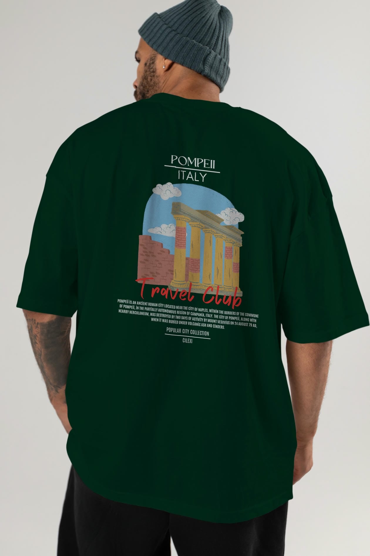 Pompeii İtaly Arka Baskılı Oversize t-shirt Erkek Kadın Pamuk Bisiklet Yaka tişort