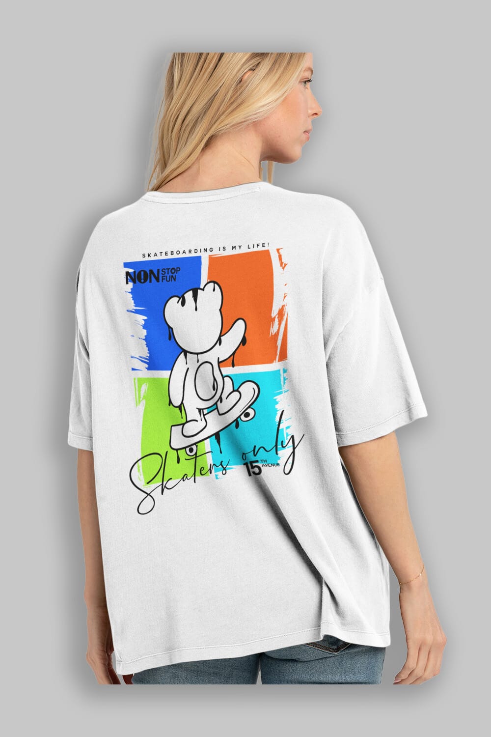 Skaters Only Bear Arka Baskılı Oversize t-shirt Erkek Kadın Unisex