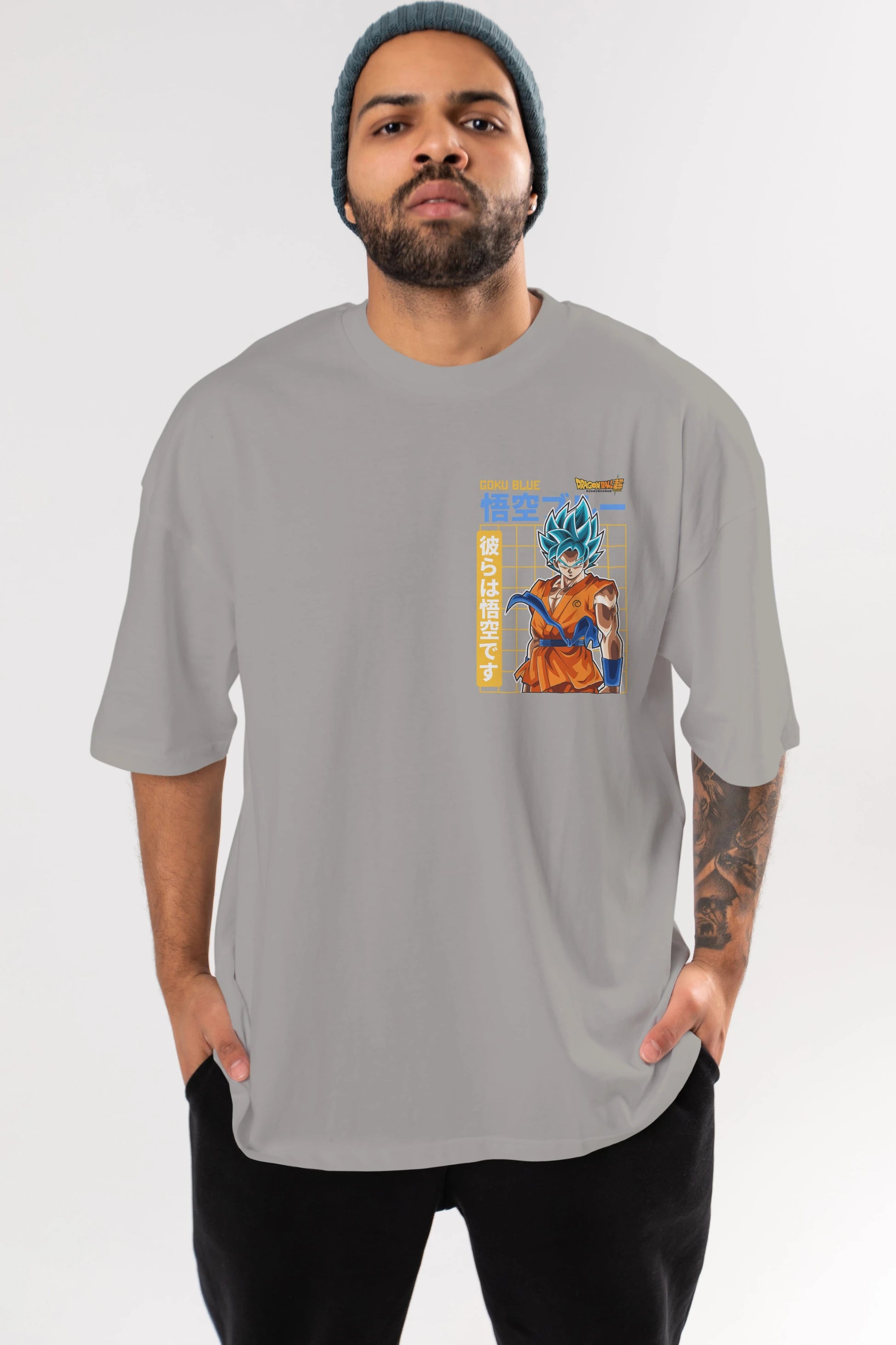 GOKU 1 Ön Sol Baskılı Oversize t-shirt Erkek Kadın Unisex %100 Pamuk Bisiklet Yaka tişort