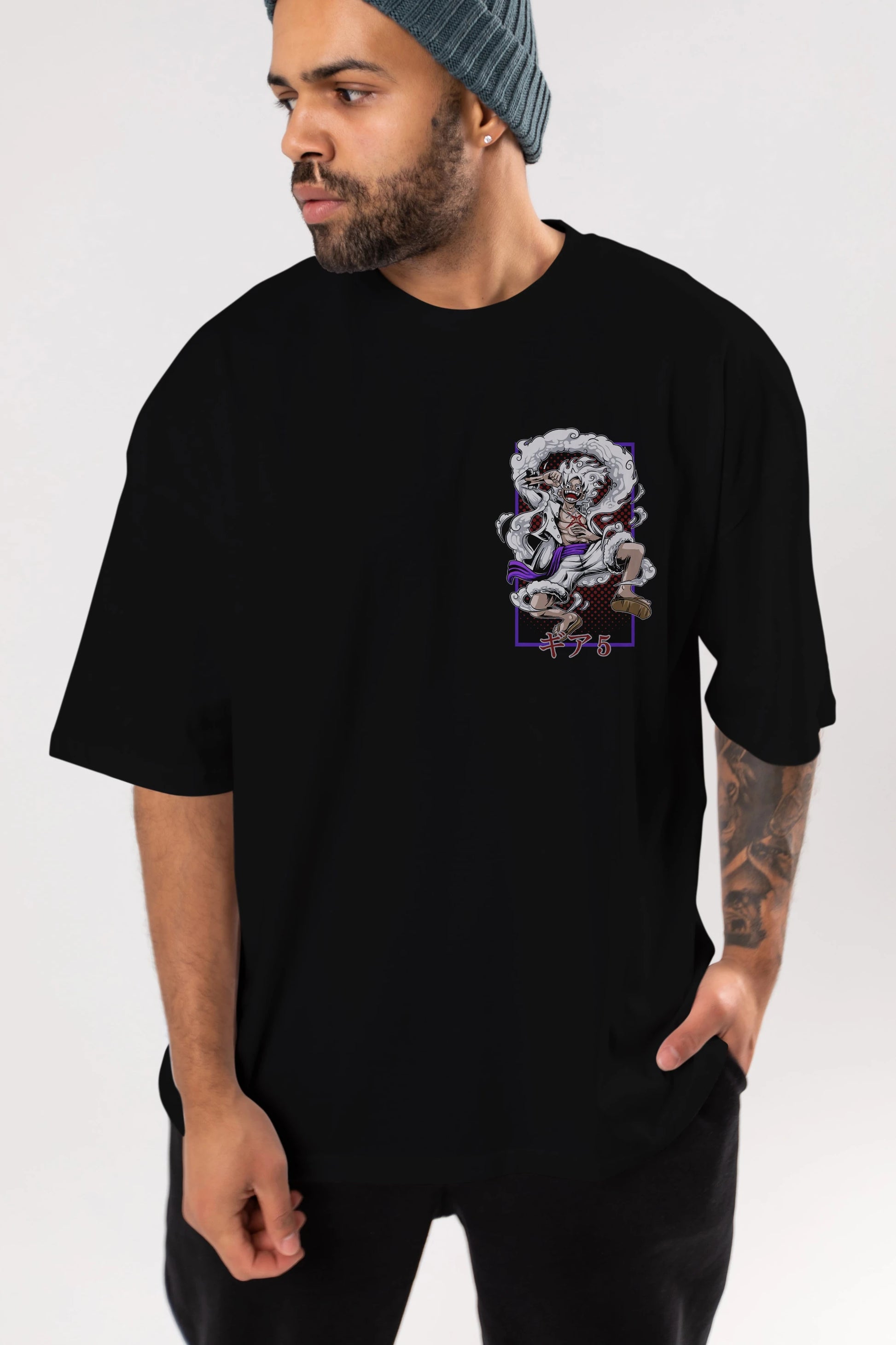 MONKEY D. LUFFY GEAR5 Ön Sol Baskılı Oversize t-shirt Erkek Kadın Unisex %100 Pamuk Bisiklet Yaka tişort