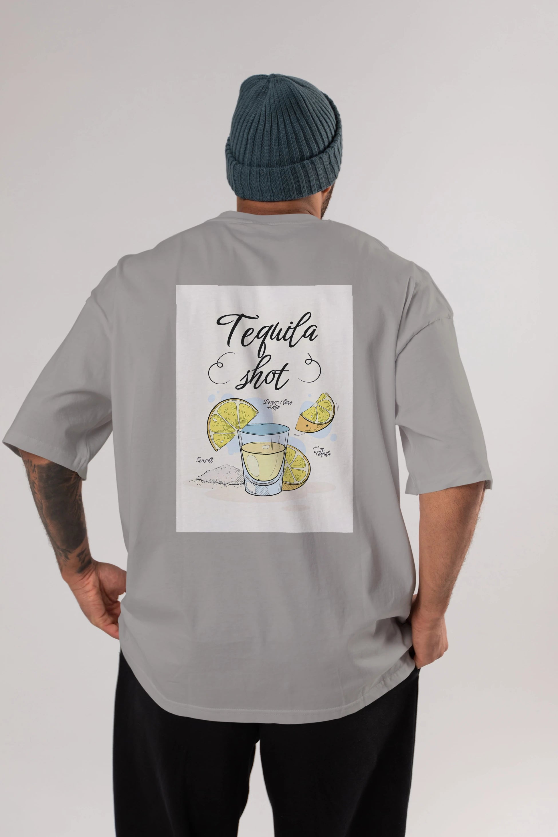 Tequila Shot Arka Baskılı Oversize t-shirt Erkek Kadın Unisex %100 Pamuk Bisiklet Yaka tişort