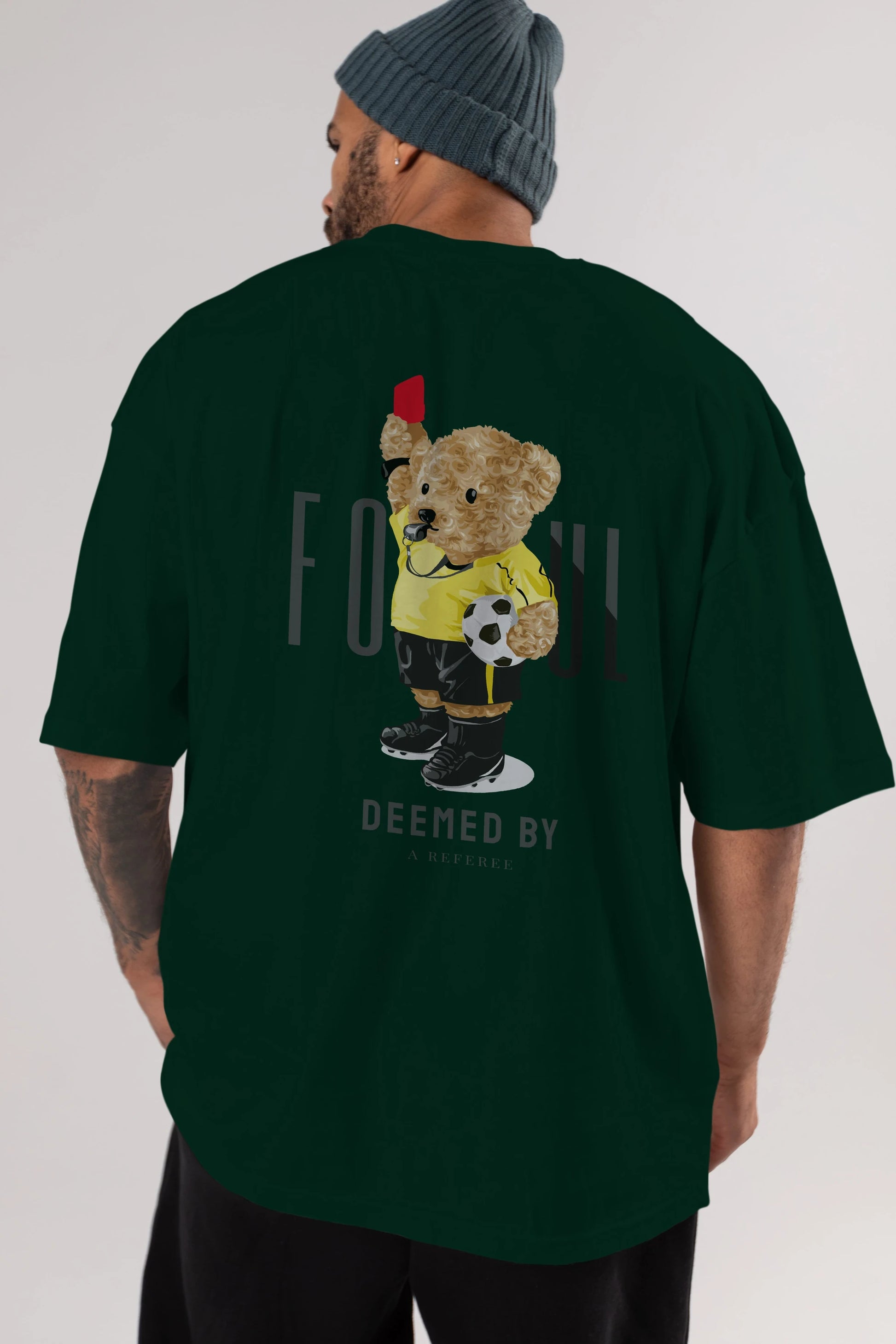 Teddy Bear Kırmızı Kart Arka Baskılı Oversize t-shirt Erkek Kadın Unisex %100 Pamuk