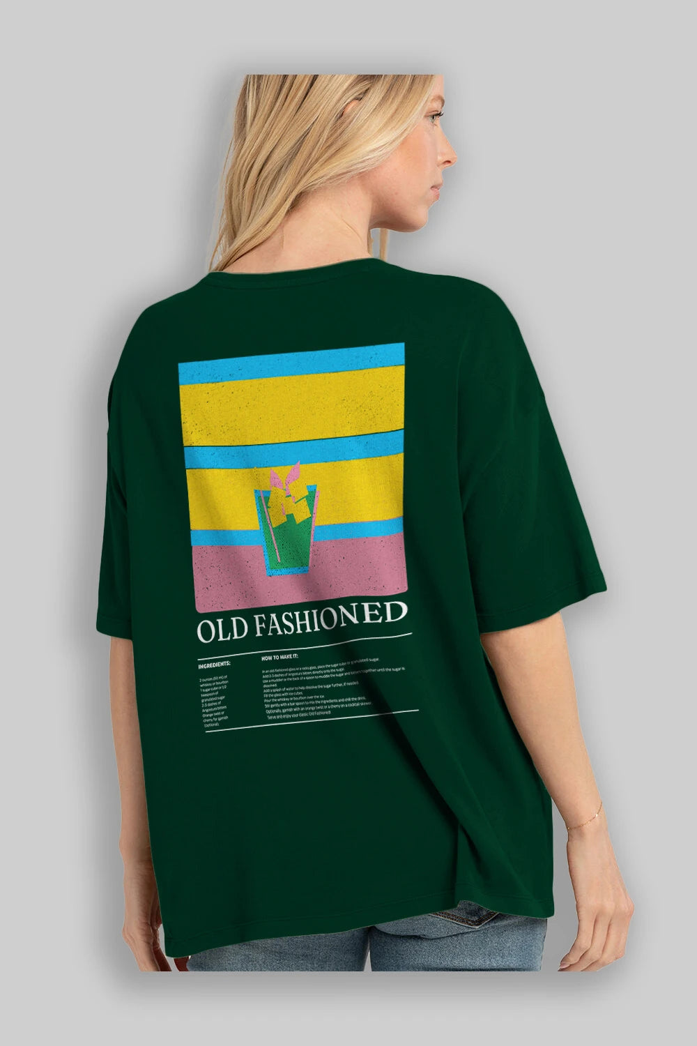 Old Fashioned Kokteyl Serisi Arka Baskılı Oversize t-shirt Erkek Kadın %100 Pamuk Bisiklet Yaka tişort