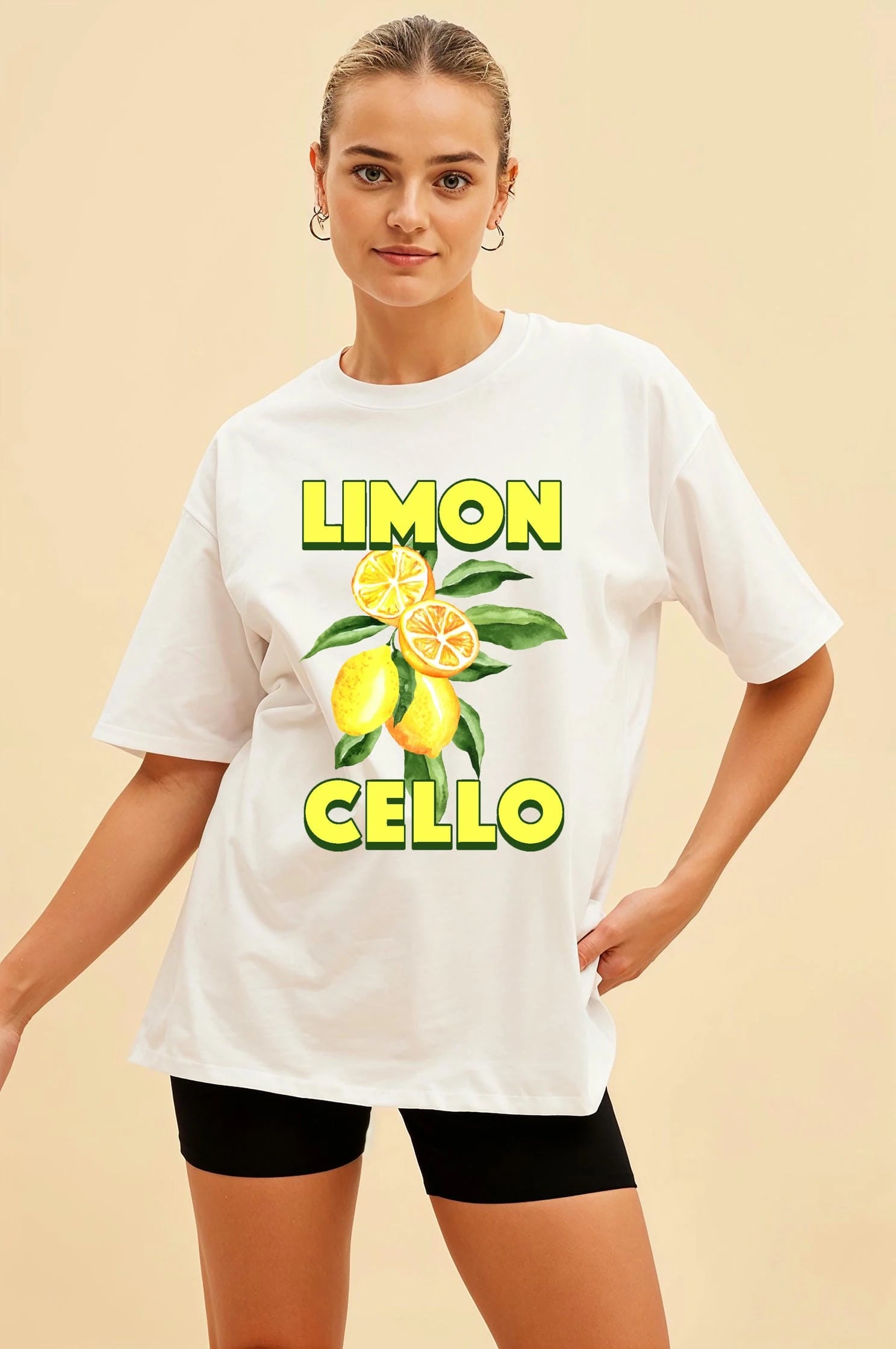 Limoncello Lemon Ön Baskılı Oversize t-shirt Erkek Kadın Pamuk Bisiklet Yaka tişort