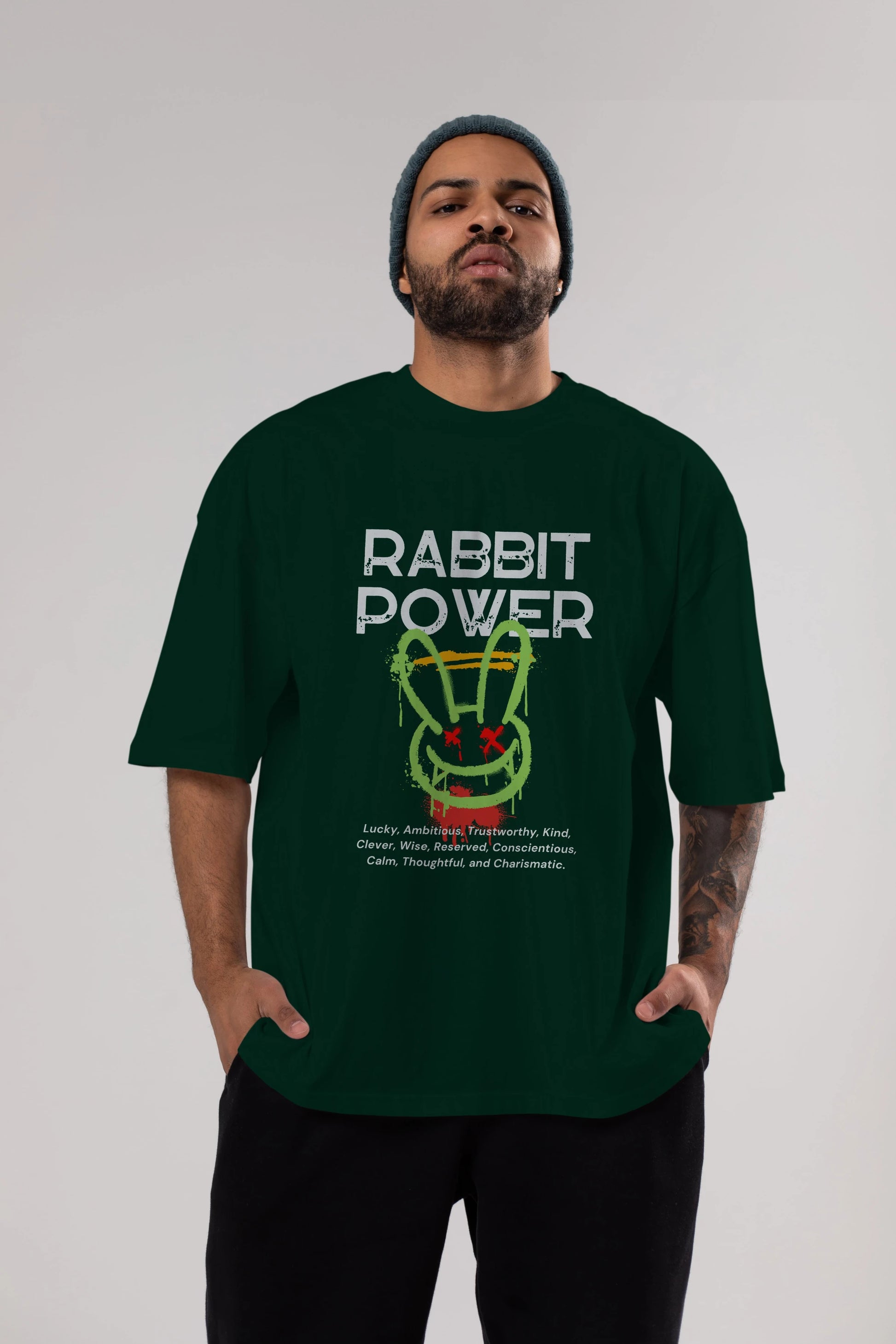 Rabbit Power Yazılı Ön Baskılı Oversize t-shirt Erkek Kadın Unisex