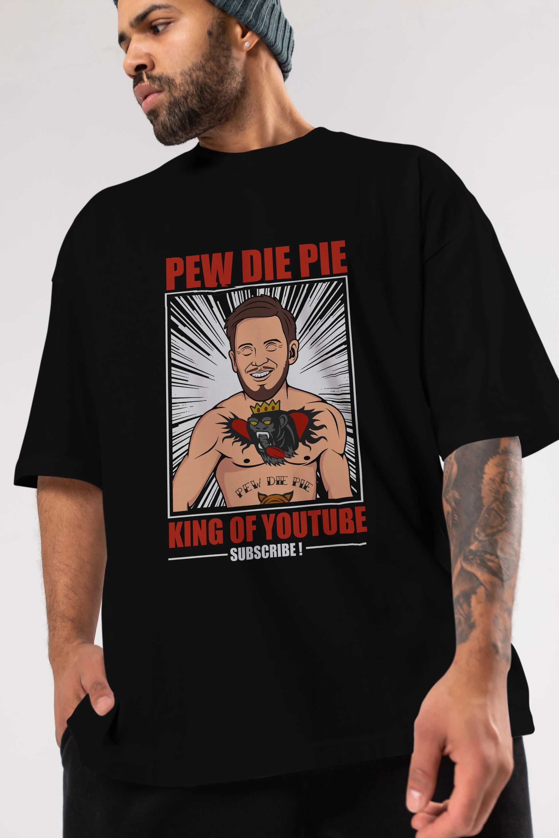 Pew Die Pie Fighter Ön Baskılı Oversize t-shirt Erkek Kadın Unisex %100 Pamuk tişort