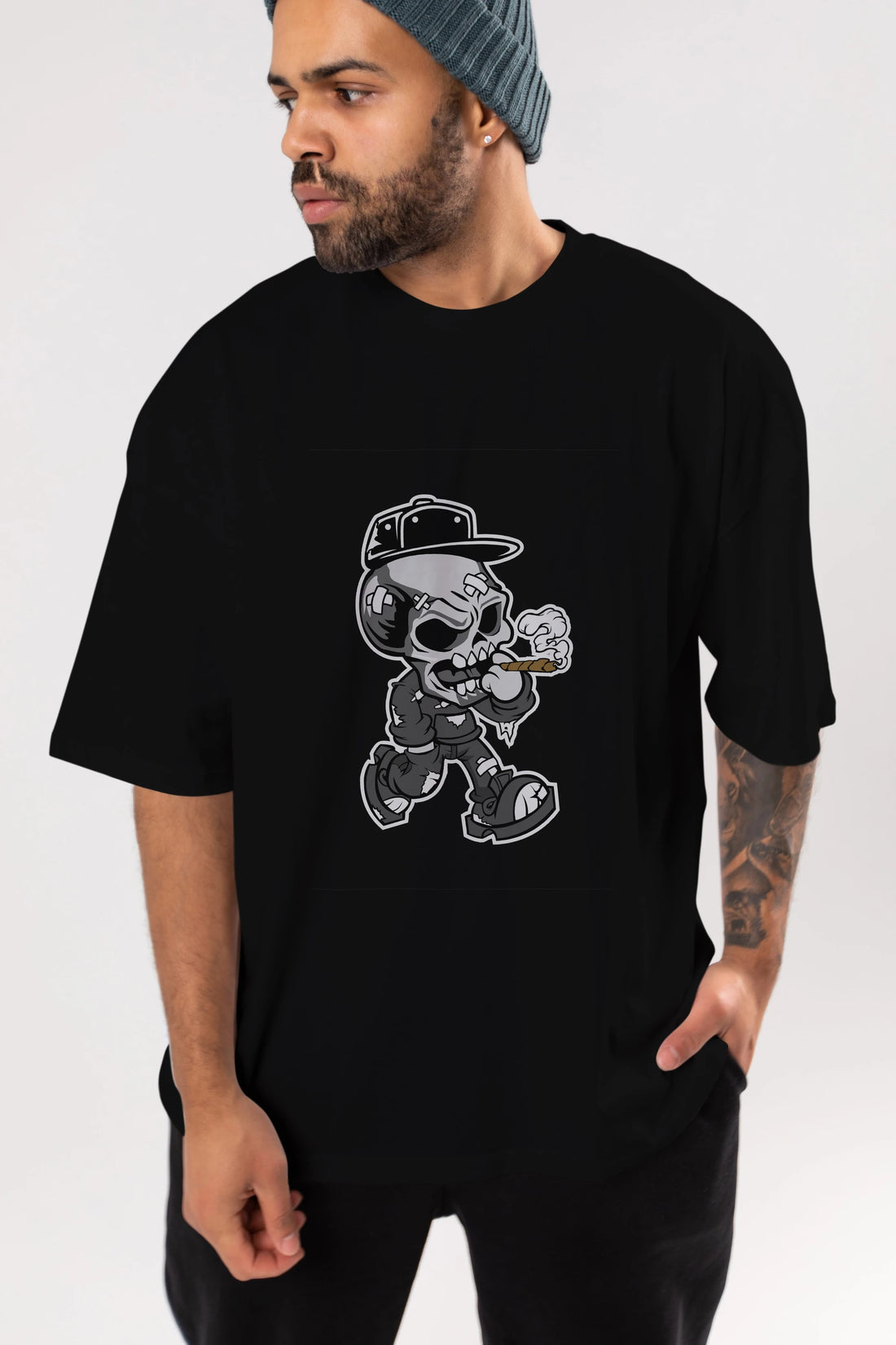 Skull Smoker Ön Baskılı Oversize t-shirt Erkek Kadın Unisex %100 Pamuk tişort