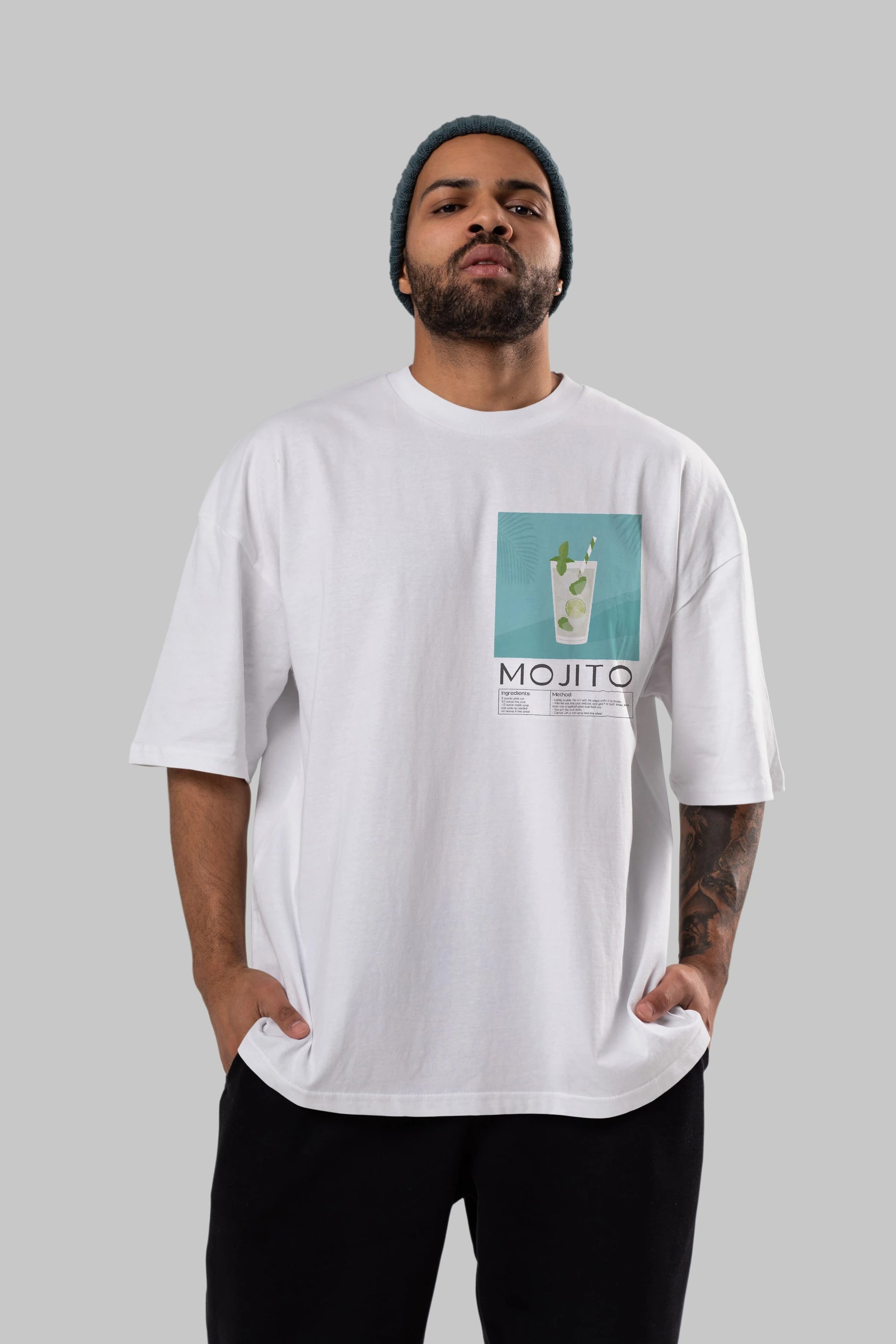 Mojito 4 Ön Sol Baskılı Oversize t-shirt Erkek Kadın Unisex %100 Pamuk Bisiklet Yaka tişort