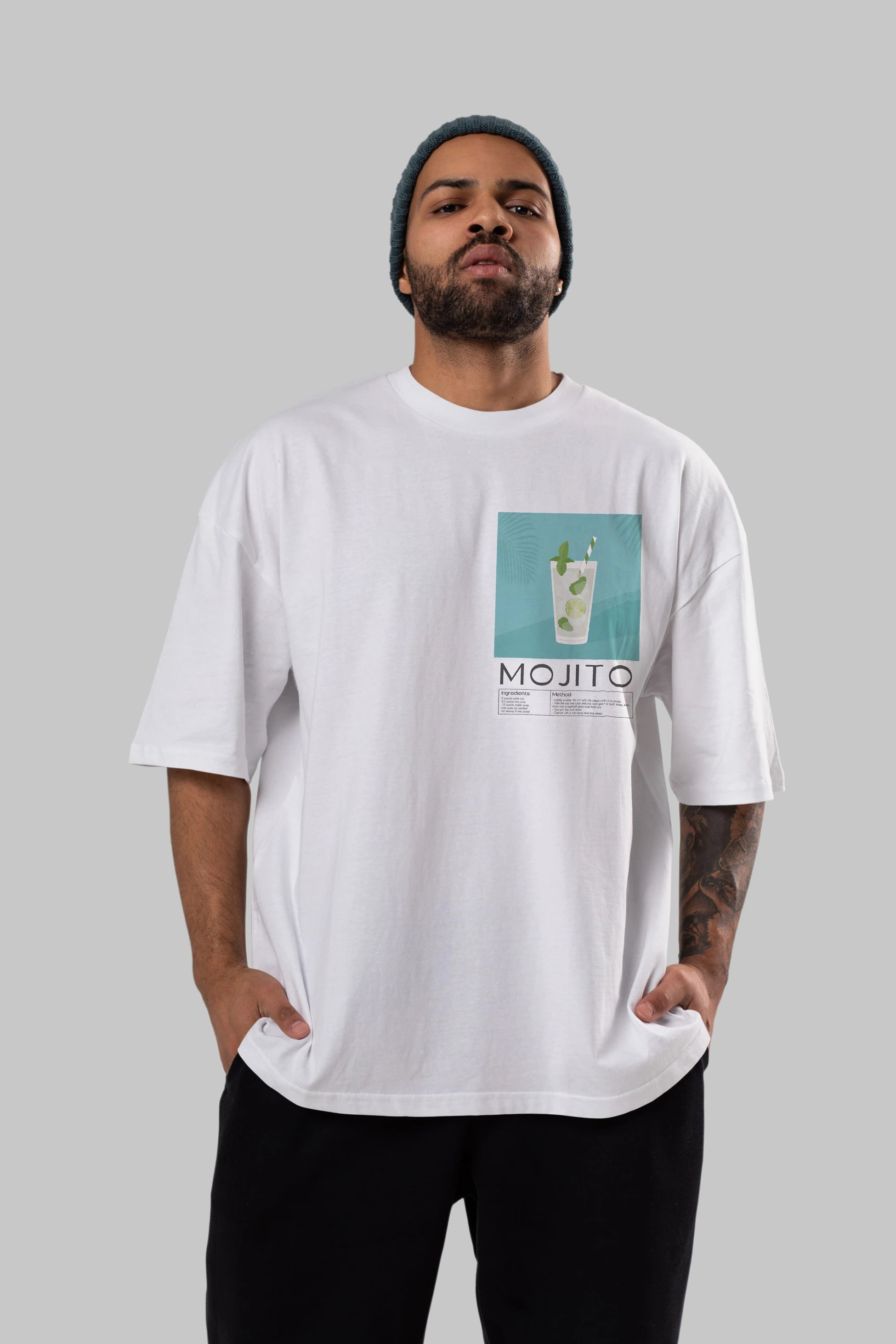 Mojito 4 Ön Sol Baskılı Oversize t-shirt Erkek Kadın Unisex %100 Pamuk Bisiklet Yaka tişort