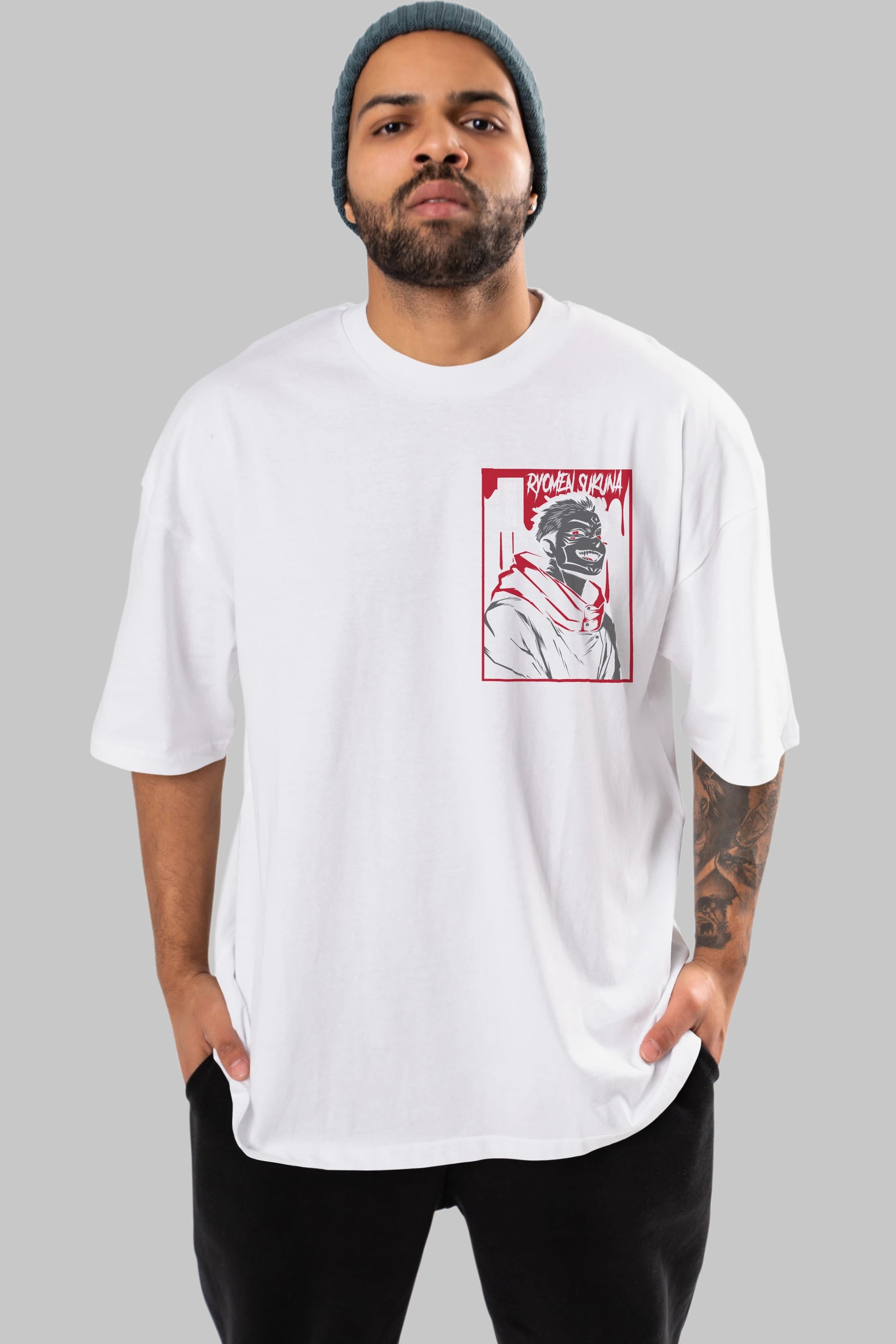 SUKUNA Ön Sol Baskılı Oversize t-shirt Erkek Kadın Unisex %100 Pamuk Bisiklet Yaka tişort