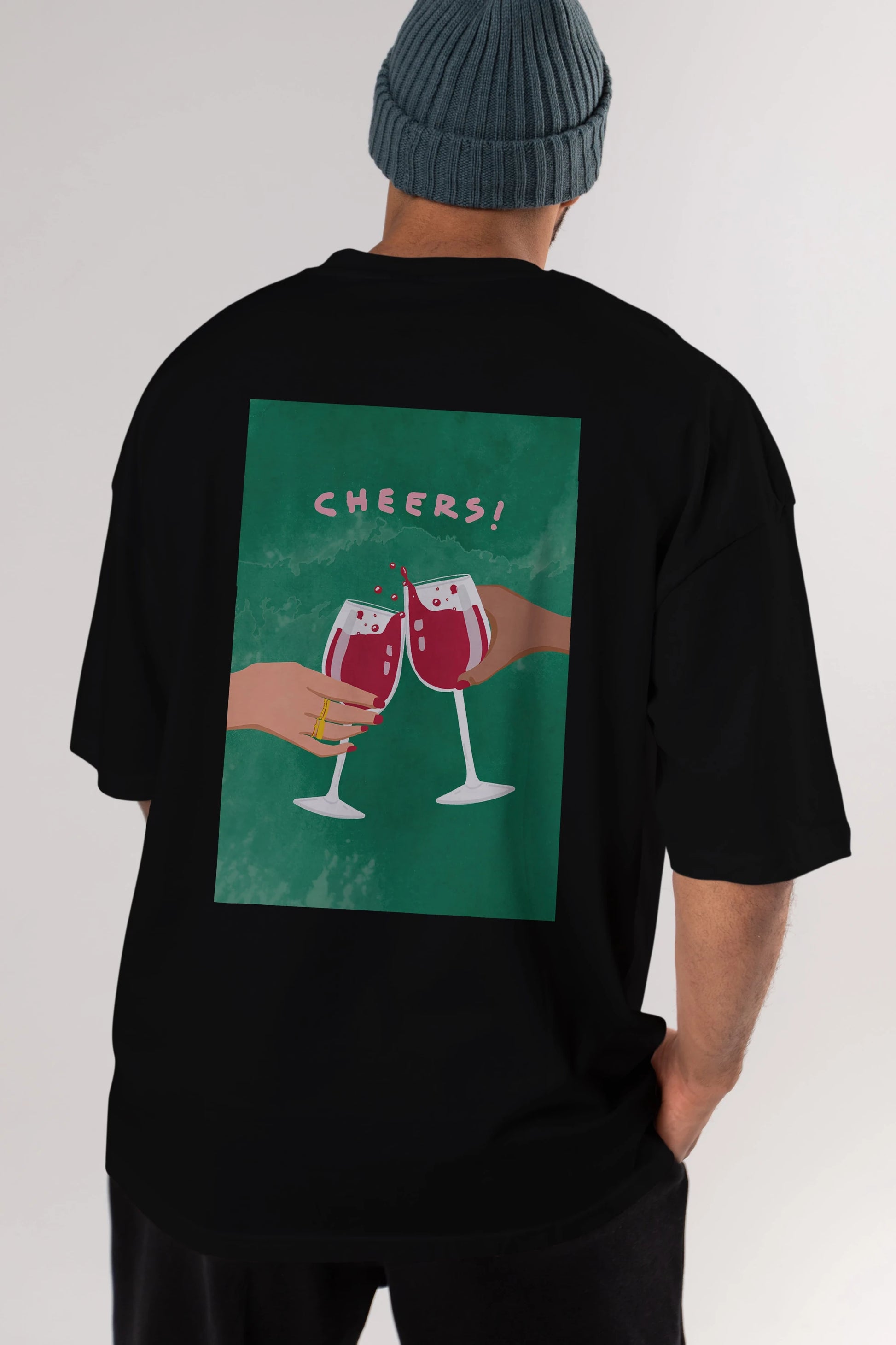 Cheers Arka Baskılı Oversize t-shirt Erkek Kadın Unisex %100 Pamuk Bisiklet Yaka tişort