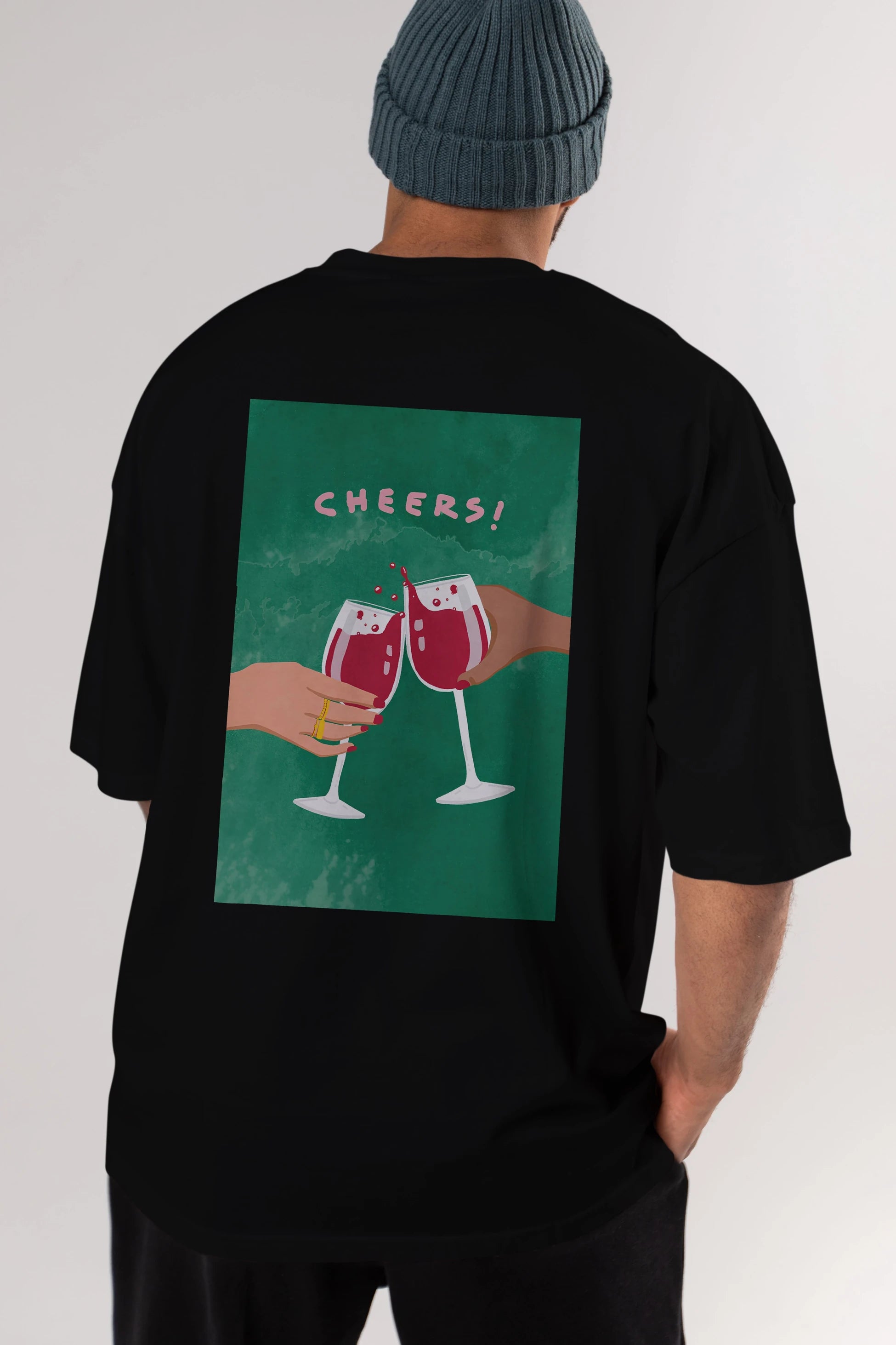 Cheers Arka Baskılı Oversize t-shirt Erkek Kadın Unisex %100 Pamuk Bisiklet Yaka tişort