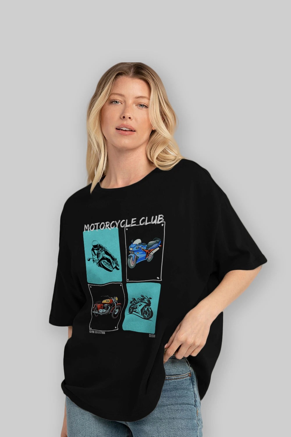 Motorcycle Club ön Baskılı Oversize t-shirt Erkek Kadın %100 Pamuk Bisiklet Yaka tişort