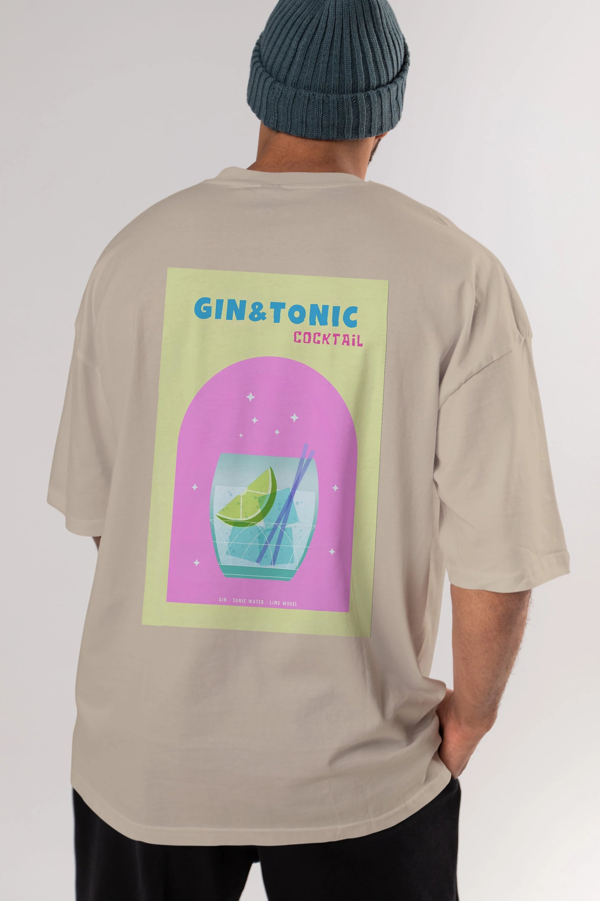 Gin Tonic Cocktail Arka Baskılı Oversize t-shirt Erkek Kadın Unisex %100 Pamuk Bisiklet Yaka tişort