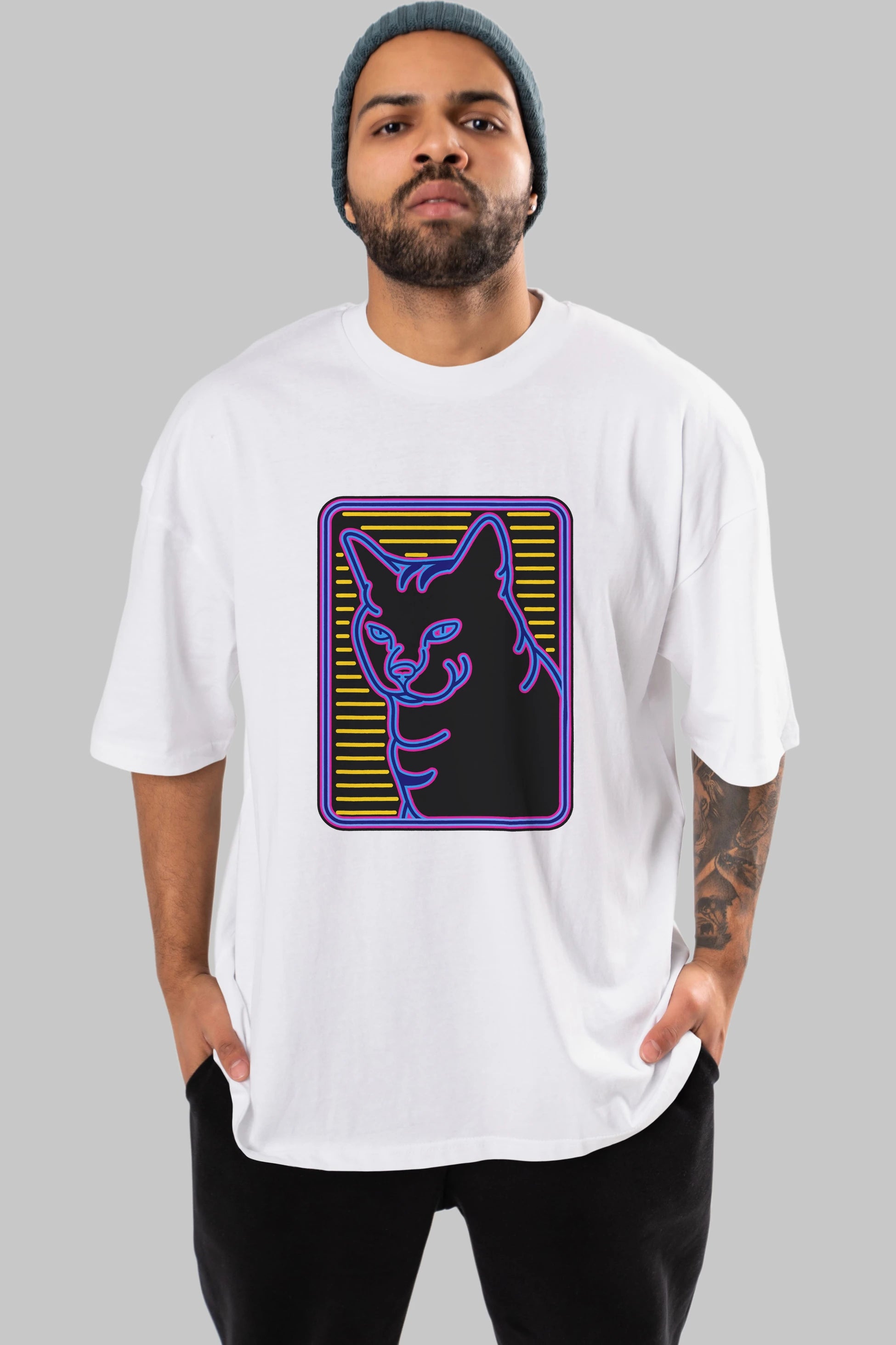 Neon Cat Ön Baskılı Oversize t-shirt Erkek Kadın Unisex