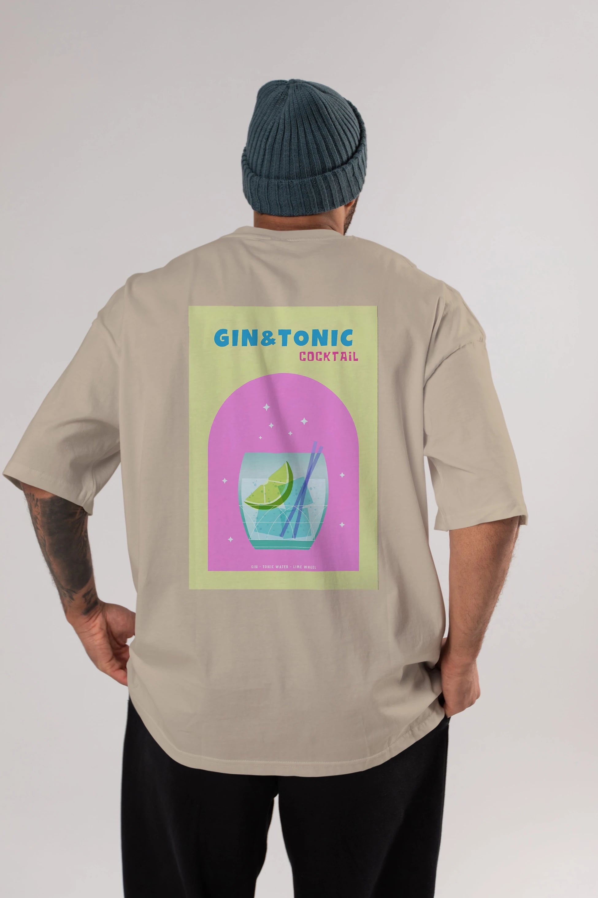 Gin Tonic Cocktail Arka Baskılı Oversize t-shirt Erkek Kadın Unisex %100 Pamuk Bisiklet Yaka tişort