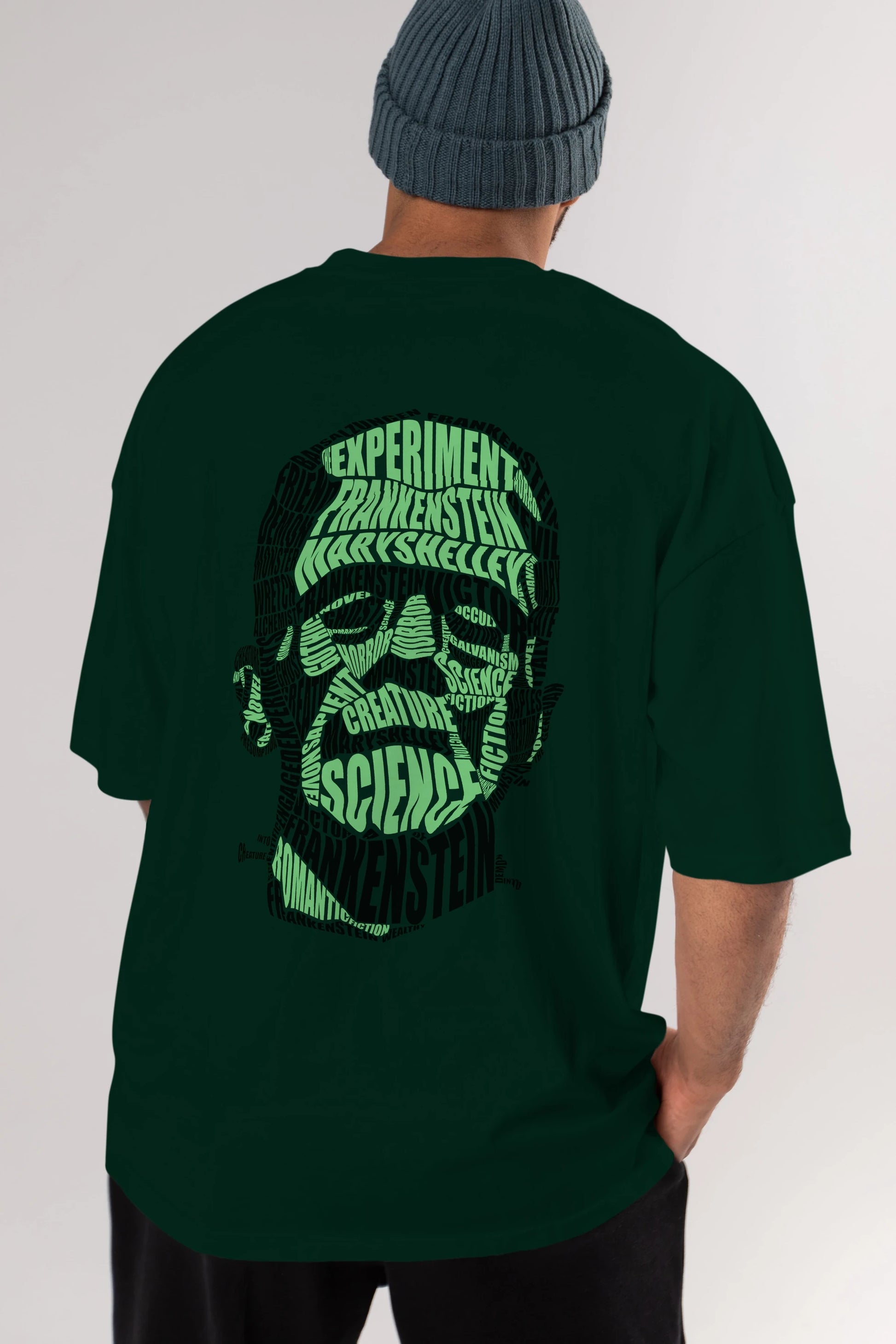 Frankenstein Calligram Arka Baskılı Oversize t-shirt %100 pamuk Erkek Kadın Unisex