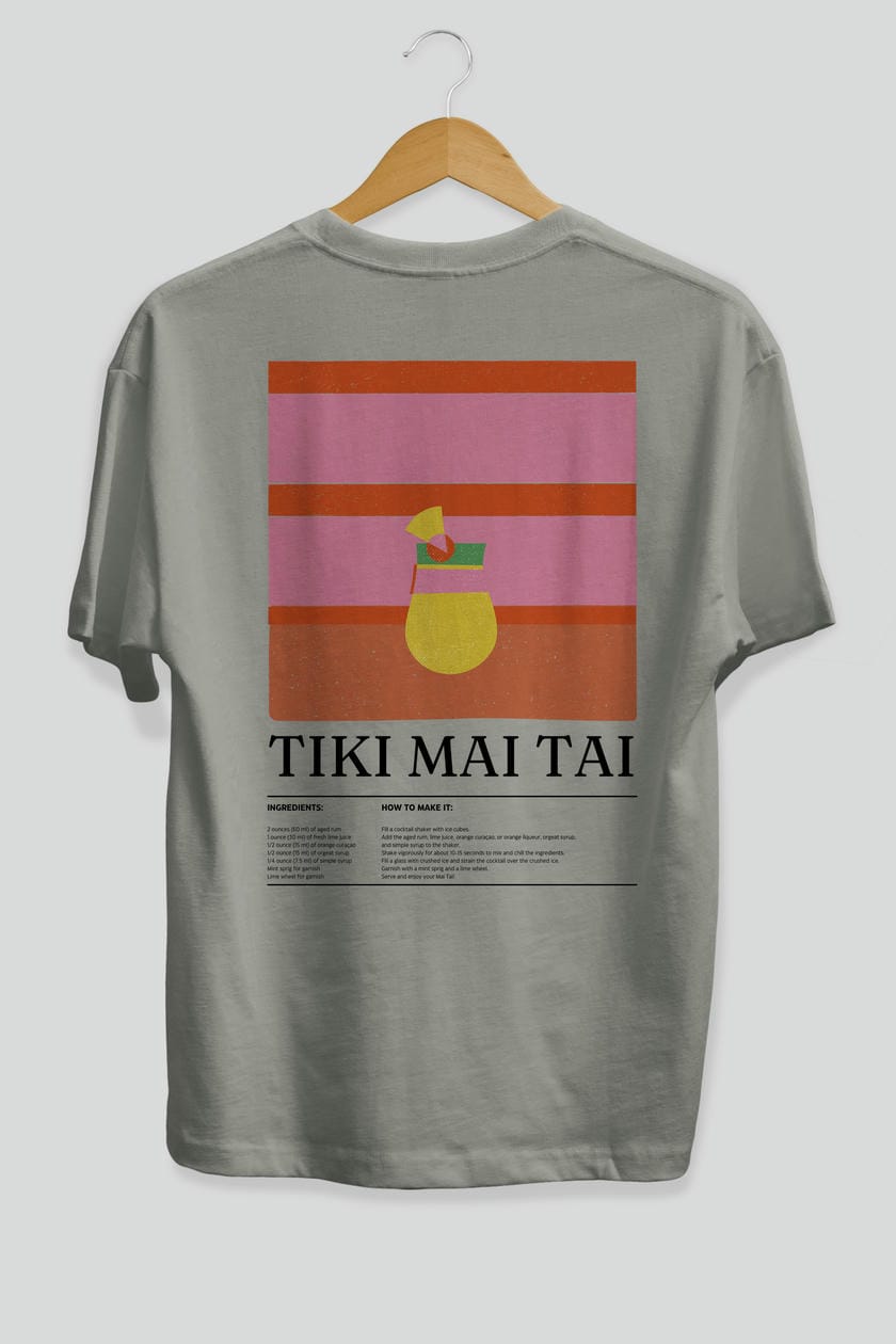Tiki Mai Tai Kokteyl Serisi Arka Baskılı Oversize t-shirt Erkek Kadın %100 Pamuk Bisiklet Yaka tişort