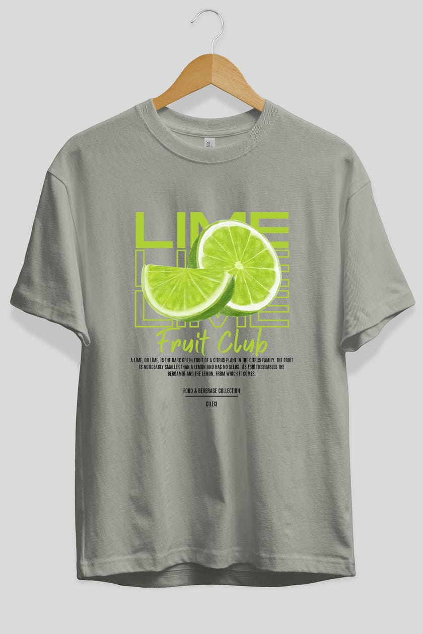 Lime Ön Baskılı Oversize t-shirt Erkek Kadın Pamuk Bisiklet Yaka tişort