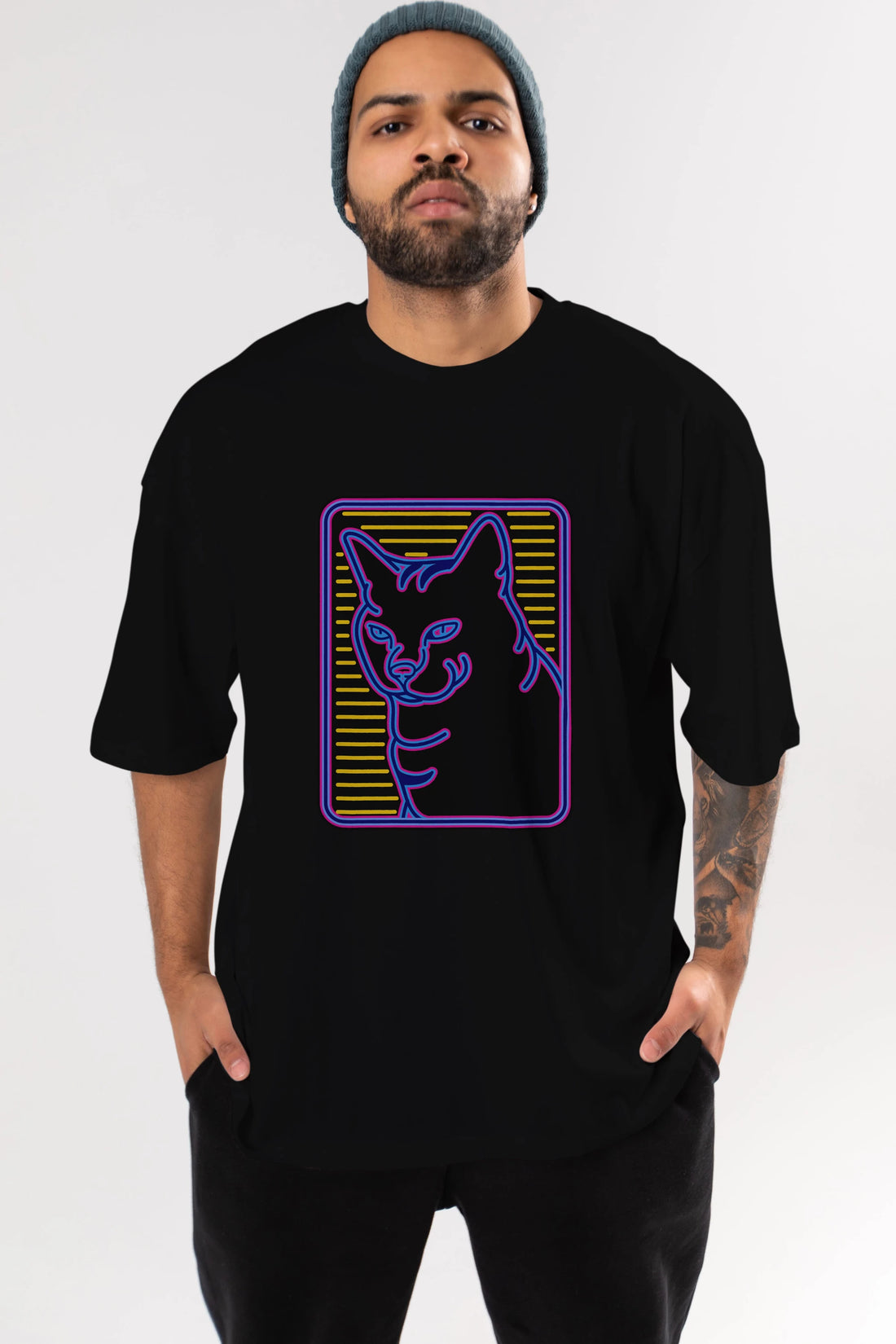 Neon Cat Ön Baskılı Oversize t-shirt Erkek Kadın Unisex