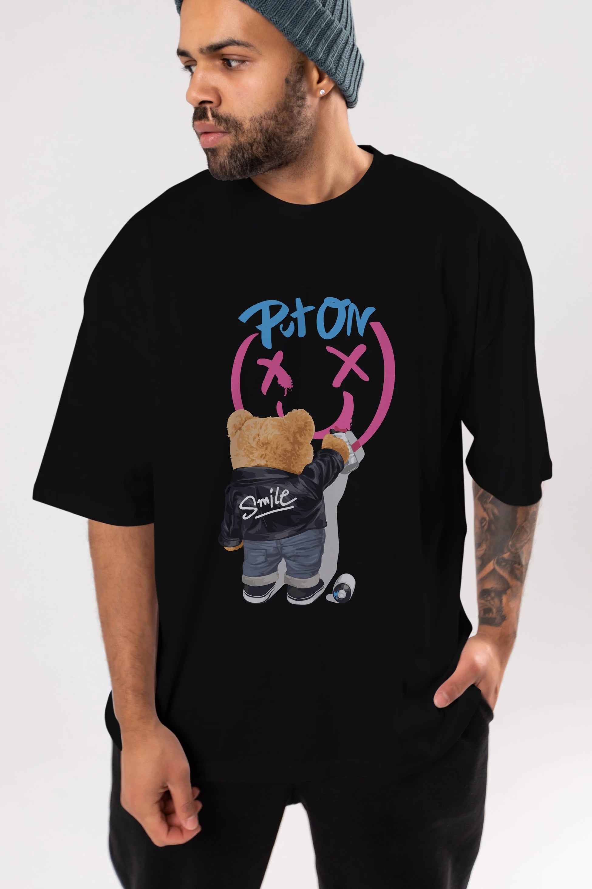 Put on Smile Bear Ön Baskılı Oversize t-shirt Erkek Kadın Unisex