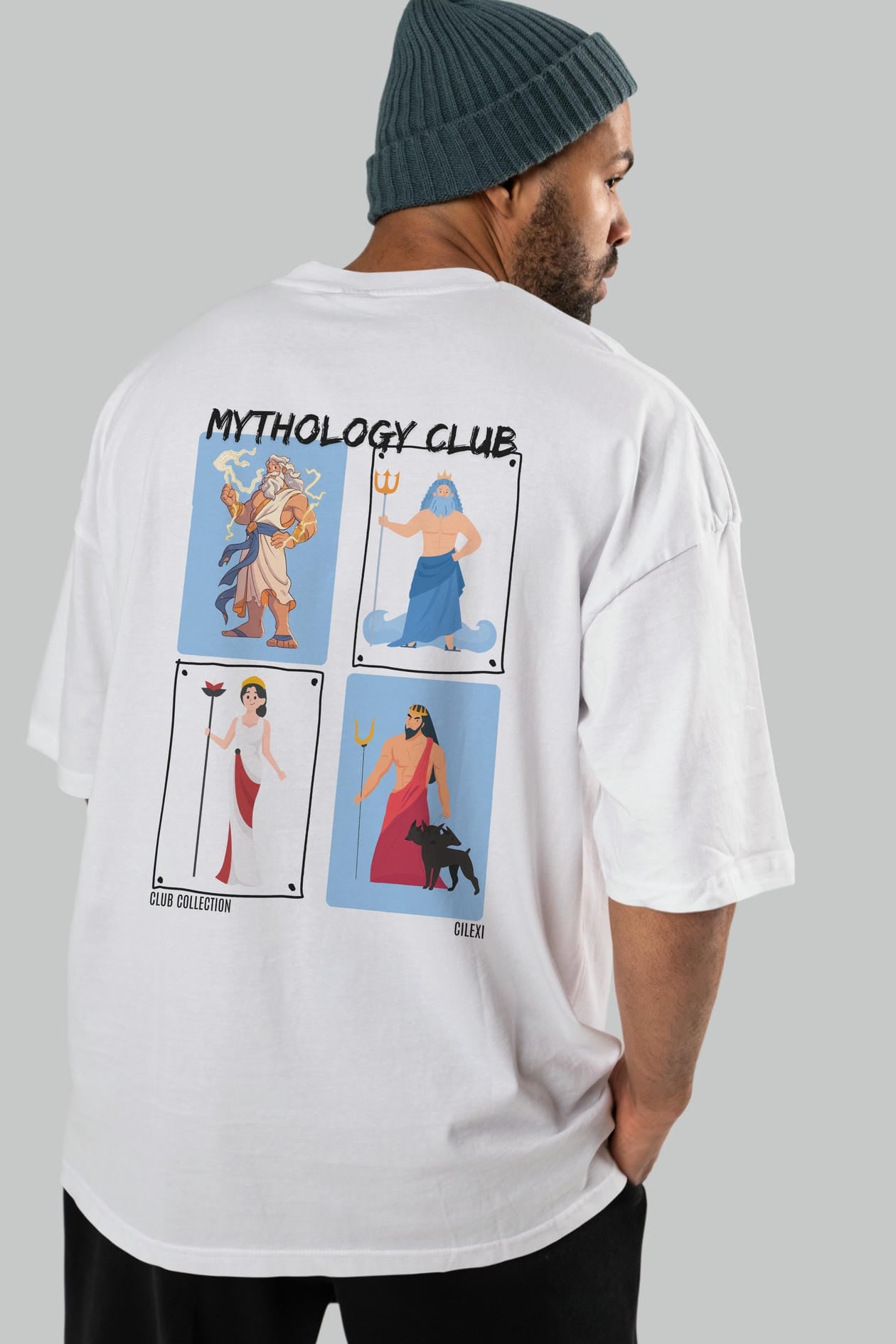 Mythology Club 2 Arka Baskılı Oversize t-shirt Erkek Kadın %100 Pamuk Bisiklet Yaka tişort