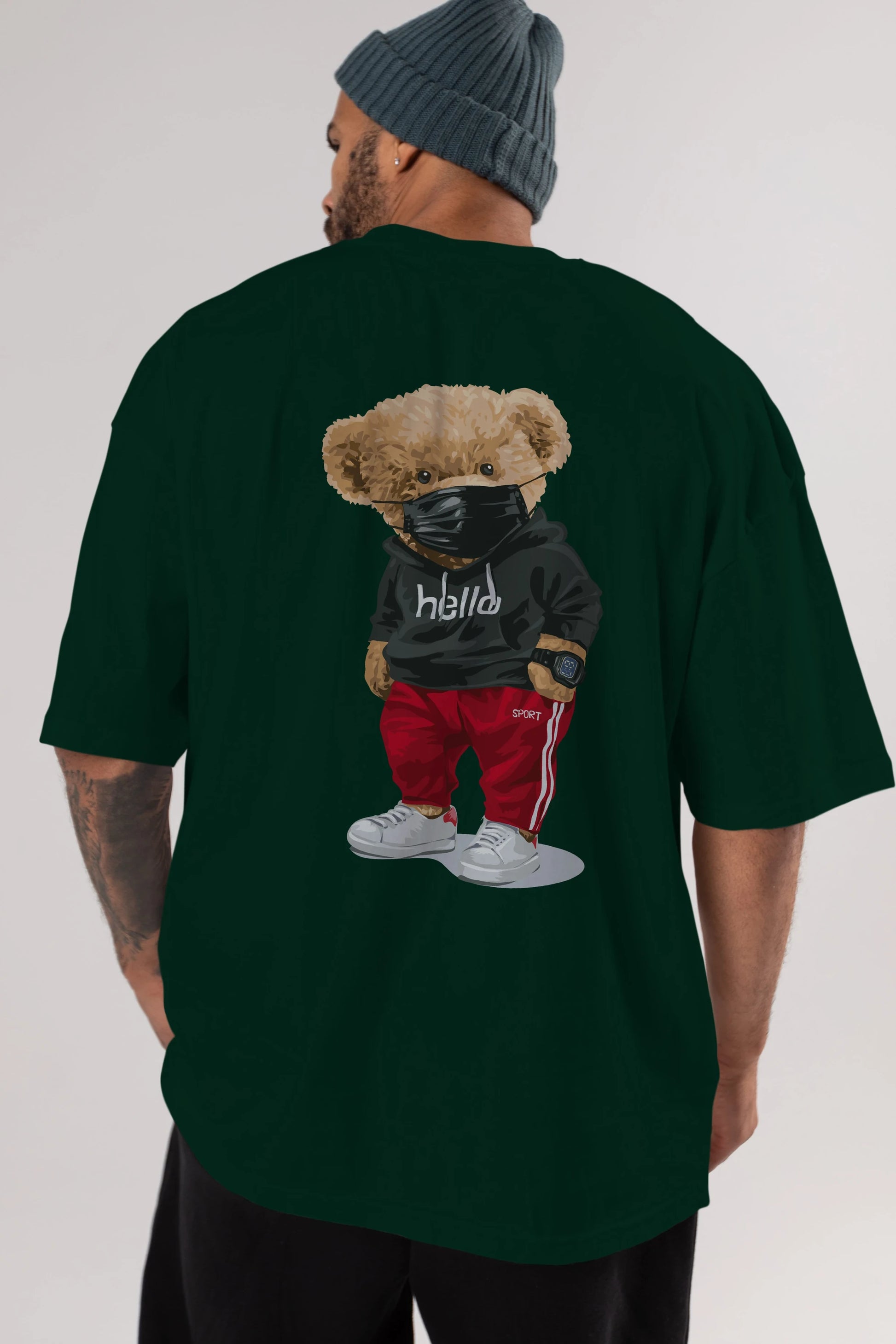 Teddy Bear Hello Sport Arka Baskılı Oversize t-shirt Erkek Kadın Unisex %100 Pamuk