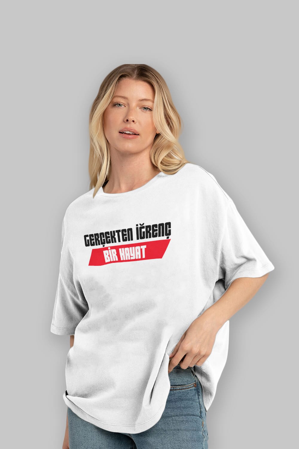 Gerçekte İğrenç Bir Hayat2 Ön Baskılı Oversize t-shirt %100 pamuk Erkek Kadın Unisex