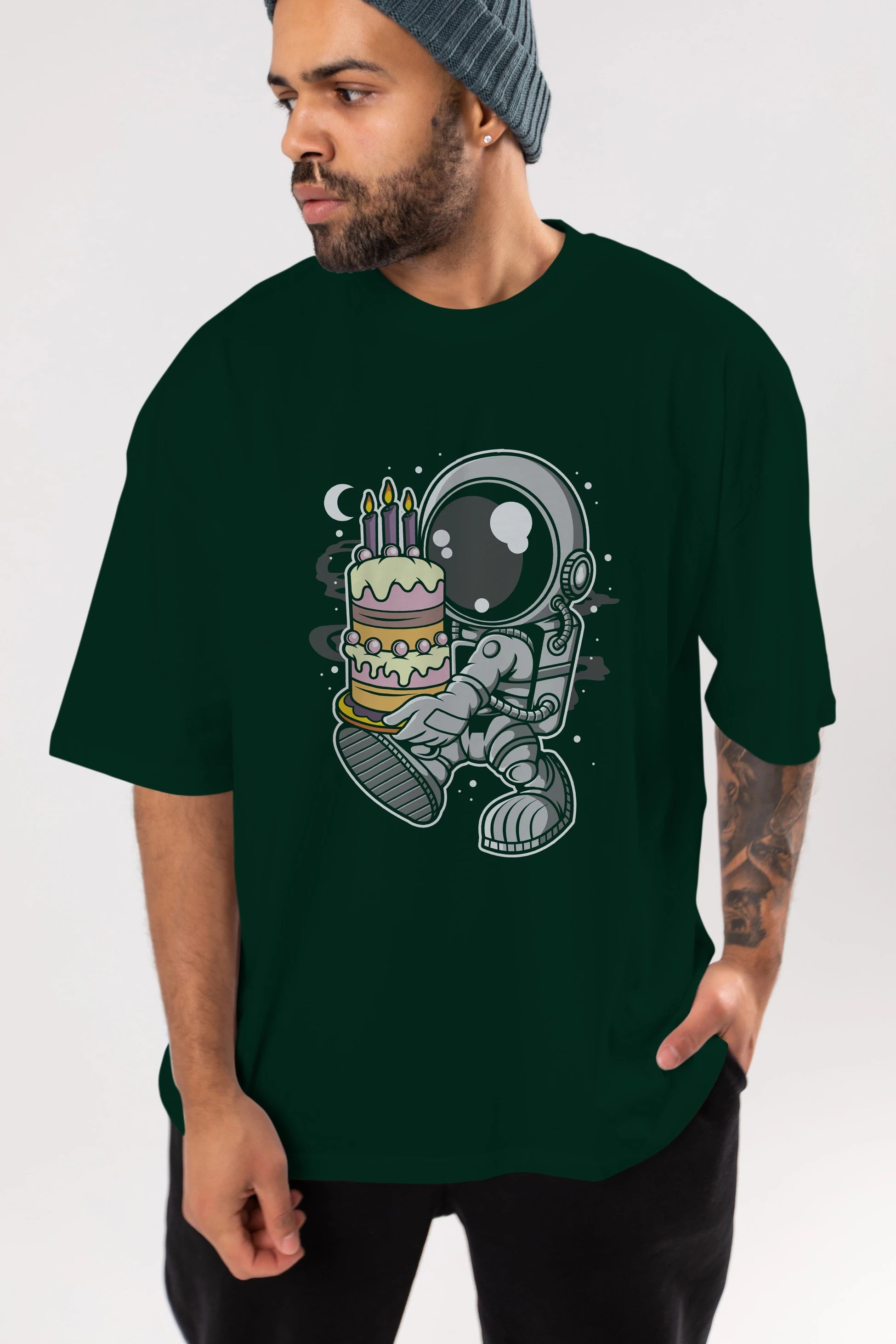 Astronaut Birthday Cake Ön Baskılı Oversize t-shirt Erkek Kadın Unisex