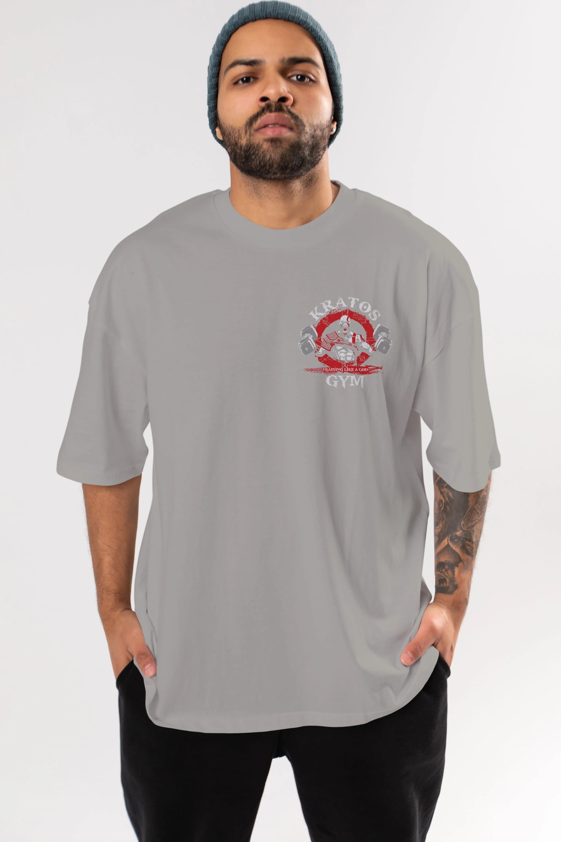 Kratos GYM Ön Sol Baskılı Oversize t-shirt Erkek Kadın Unisex %100 Pamuk Bisiklet Yaka tişort