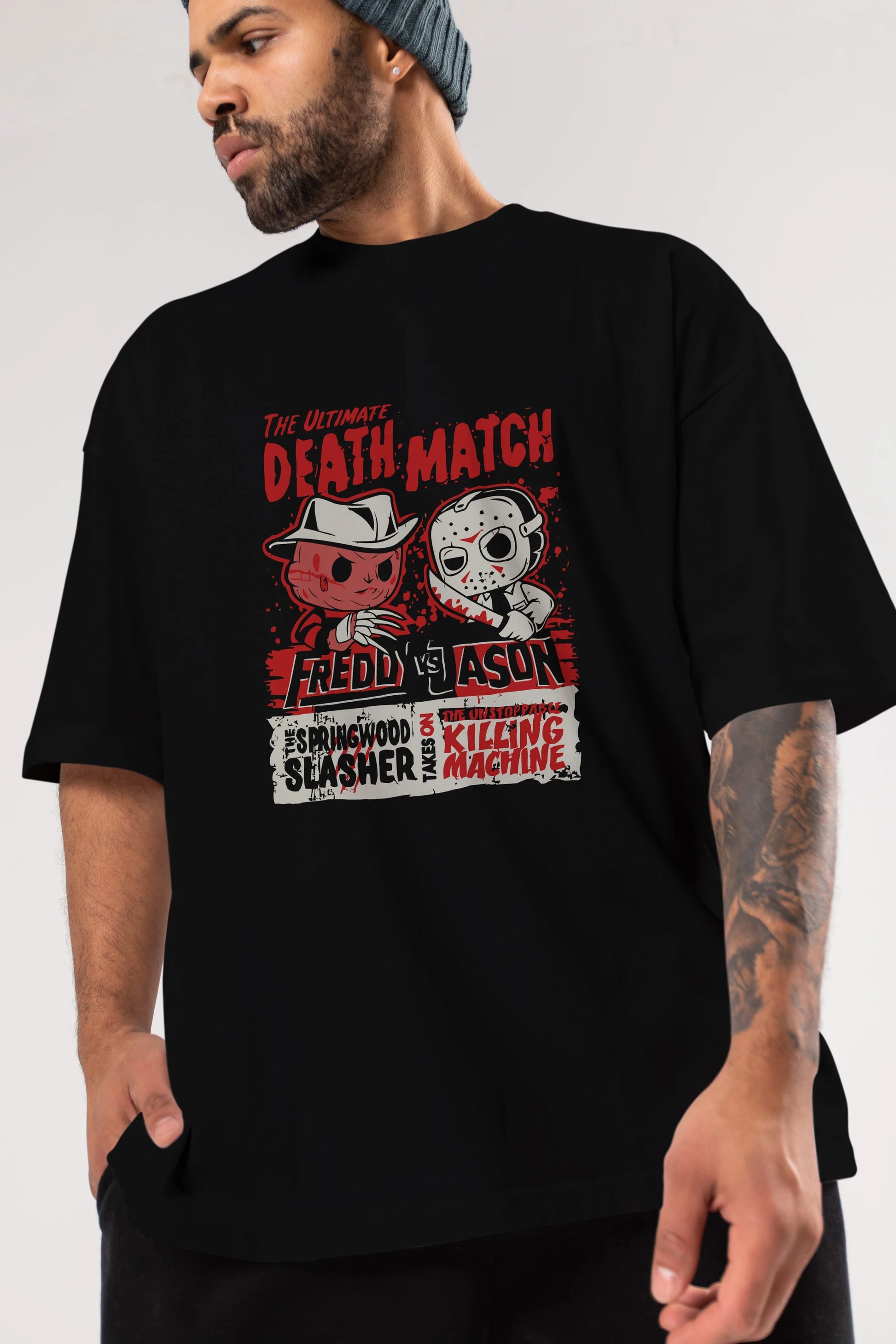 Freddy vs Jason Ön Baskılı Oversize t-shirt Erkek Kadın Unisex %100 Pamuk Bisiklet Yaka tişort